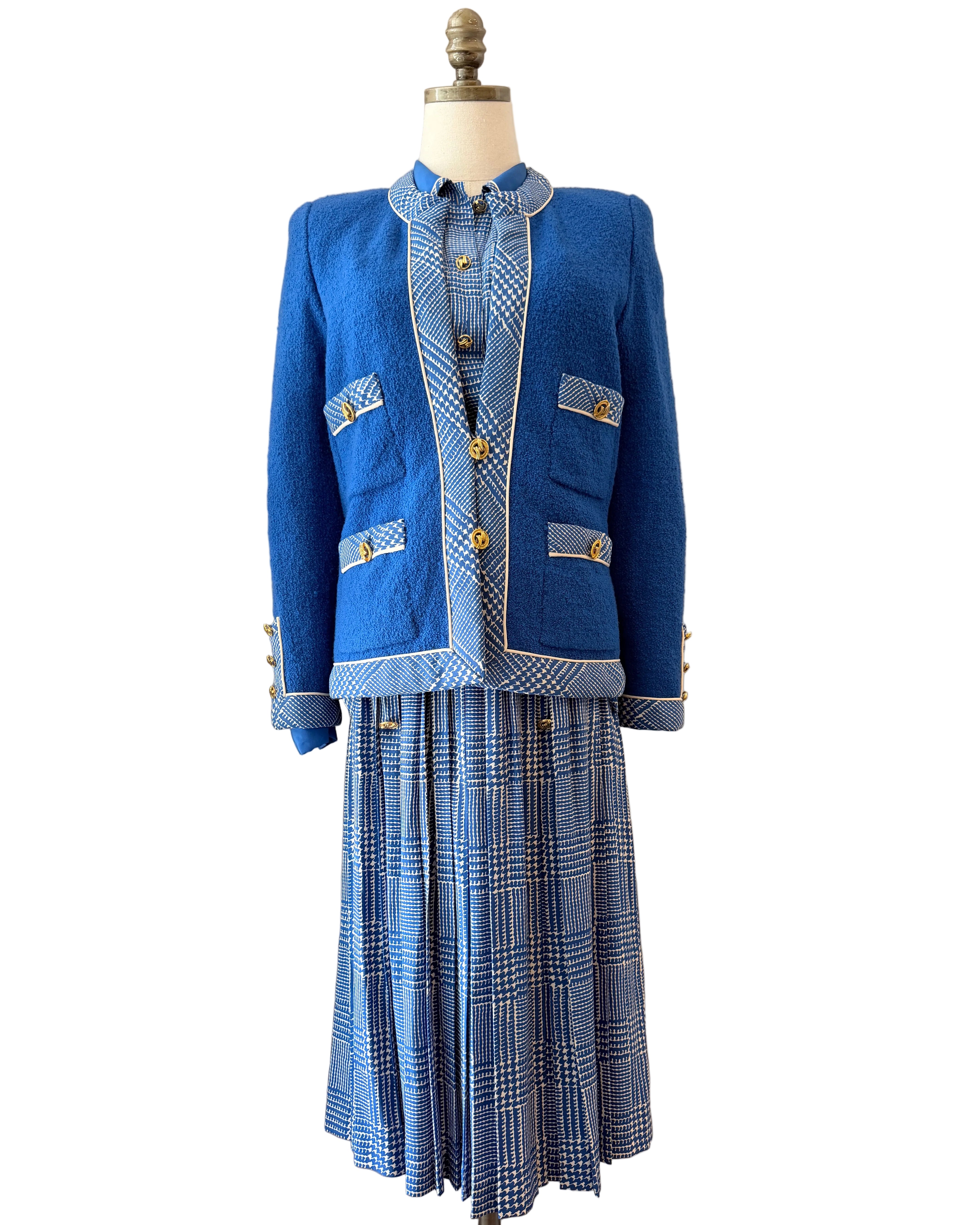 1960s Adolfo Royal Blue Three-Piece Skirt Suit with Silk Herringbone Details