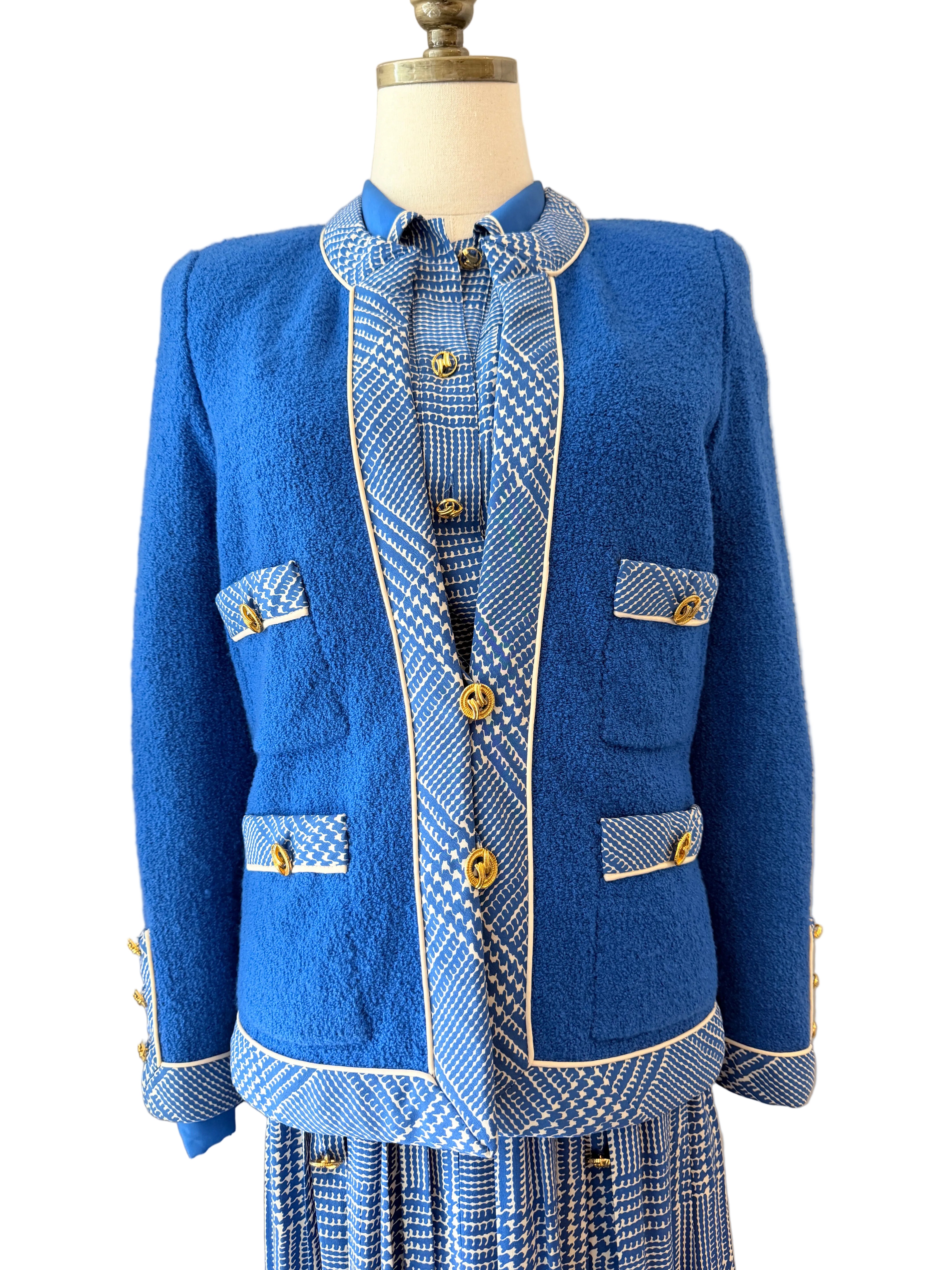 1960s Adolfo Royal Blue Three-Piece Skirt Suit with Silk Herringbone Details