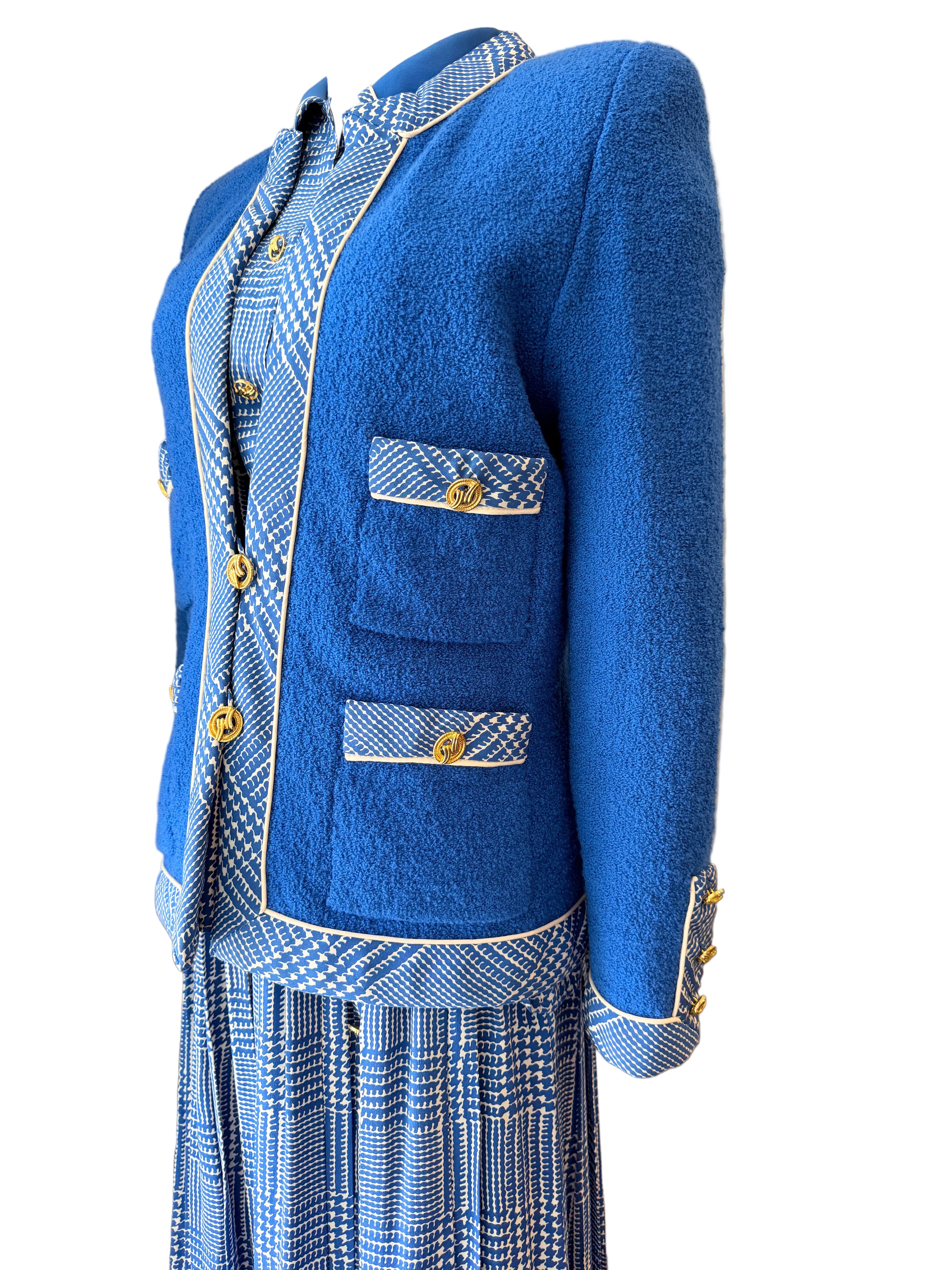 1960s Adolfo Royal Blue Three-Piece Skirt Suit with Silk Herringbone Details