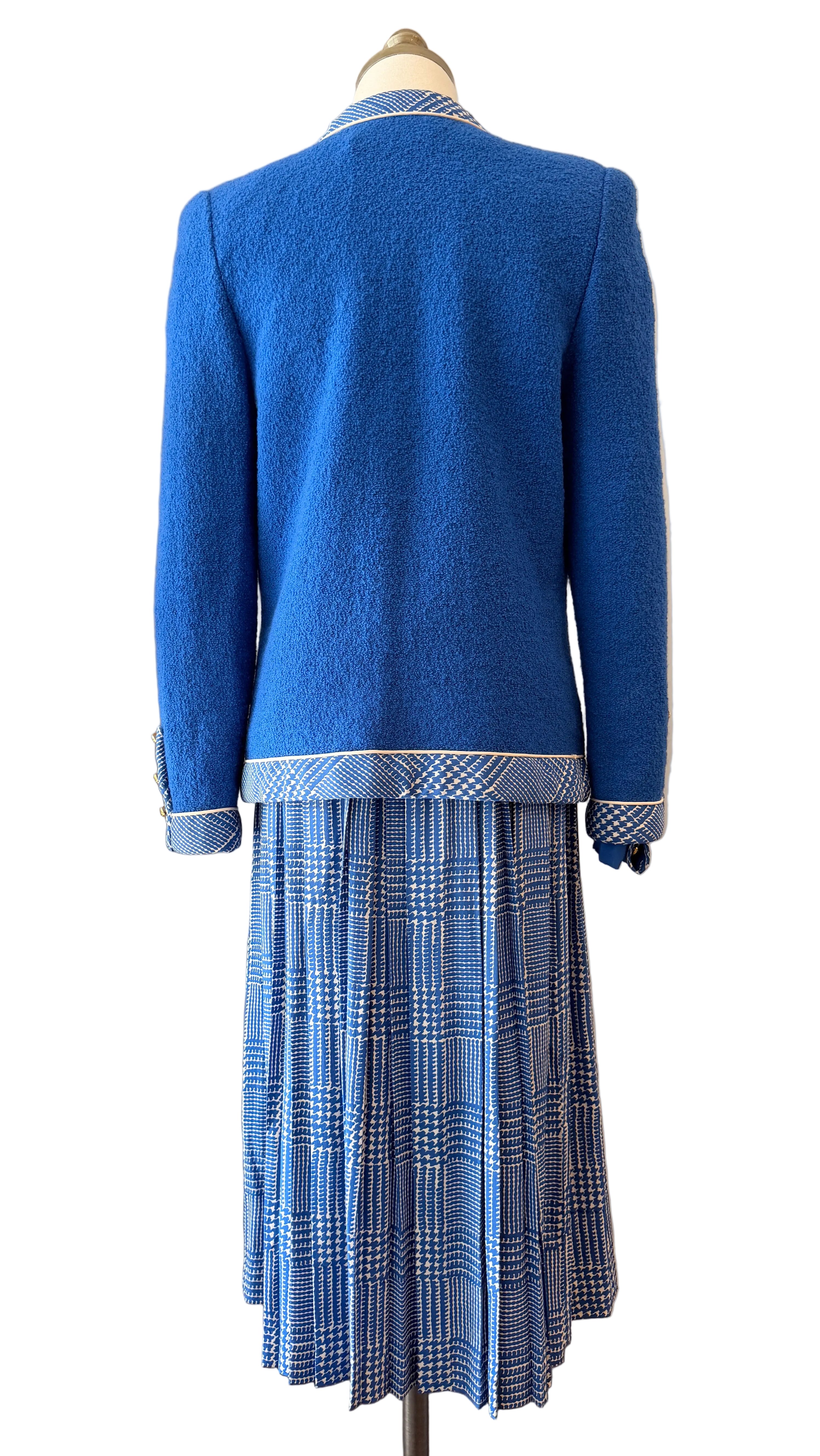 1960s Adolfo Royal Blue Three-Piece Skirt Suit with Silk Herringbone Details