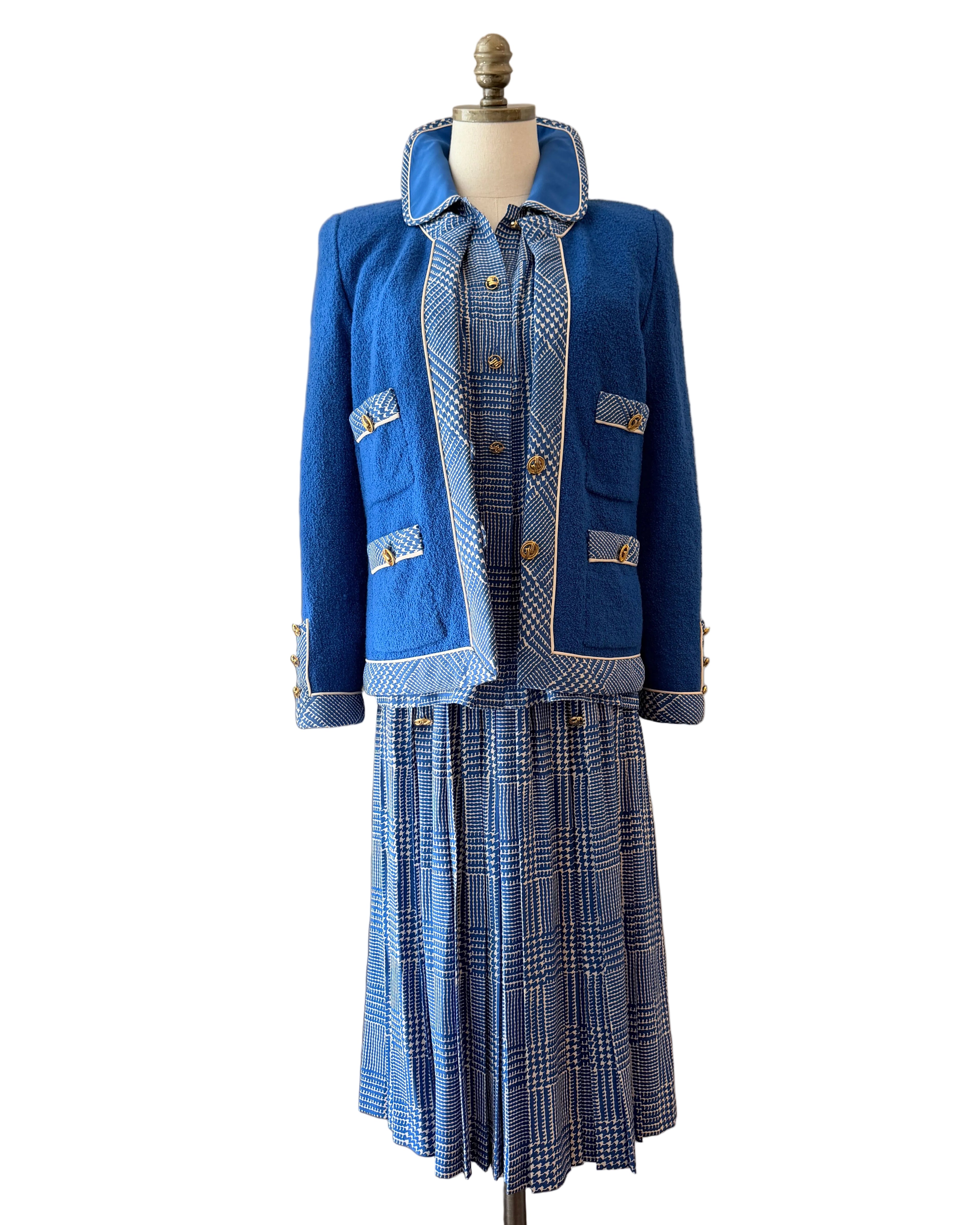 1960s Adolfo Royal Blue Three-Piece Skirt Suit with Silk Herringbone Details