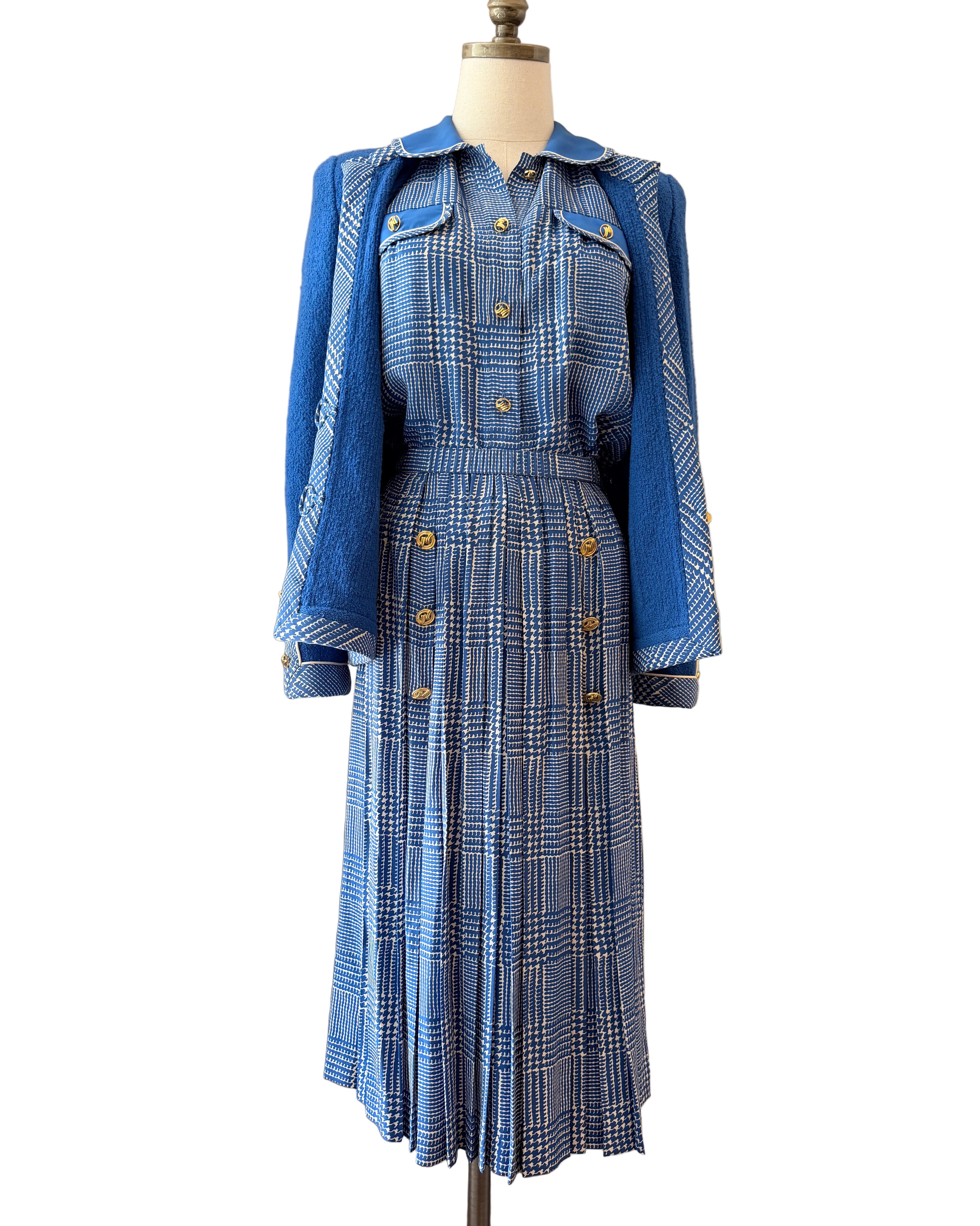 1960s Adolfo Royal Blue Three-Piece Skirt Suit with Silk Herringbone Details