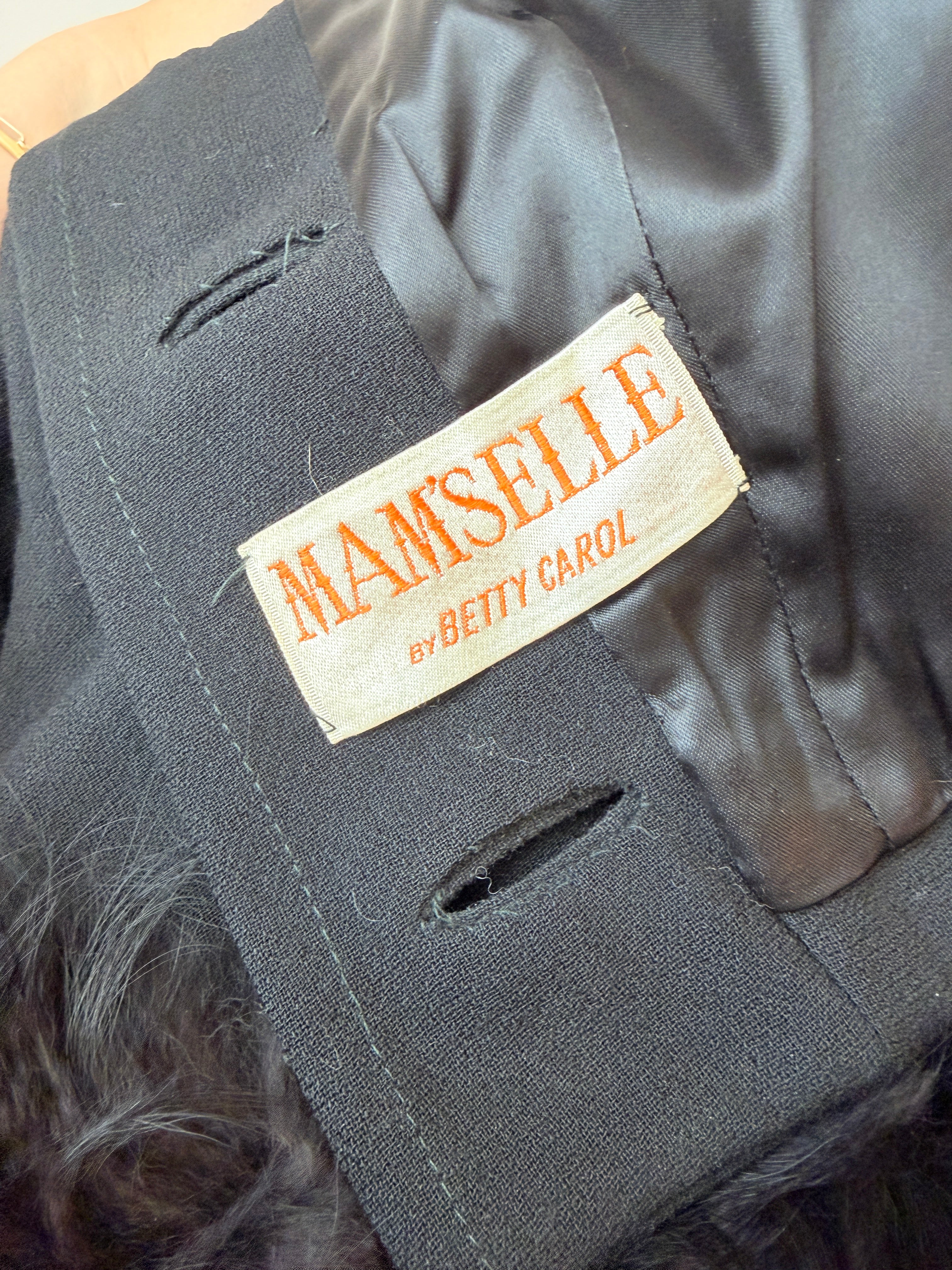 Mam'selle Black Sheath Dress with Capelet & Black Fox Fur Trim