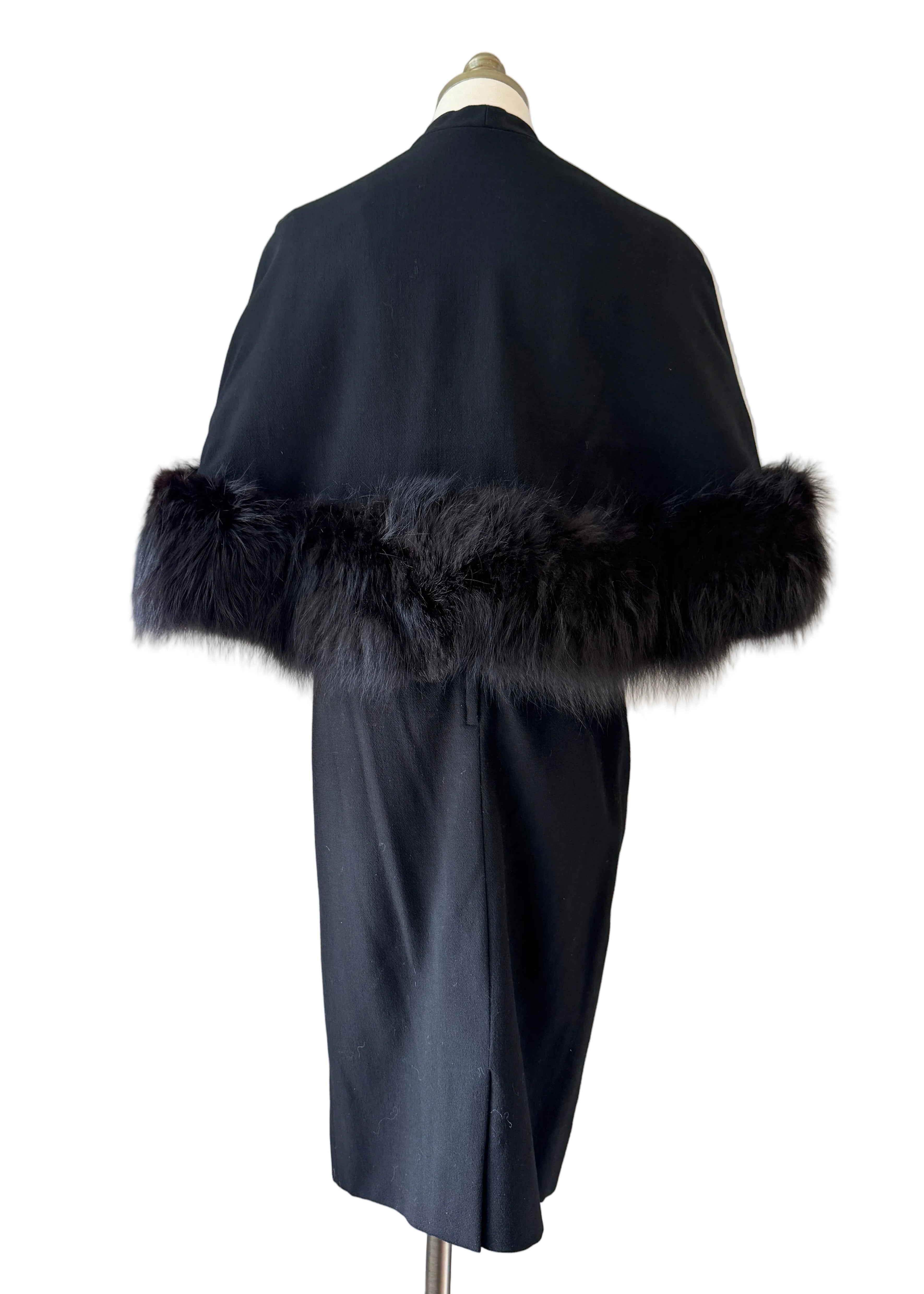 Mam'selle Black Sheath Dress with Capelet & Black Fox Fur Trim