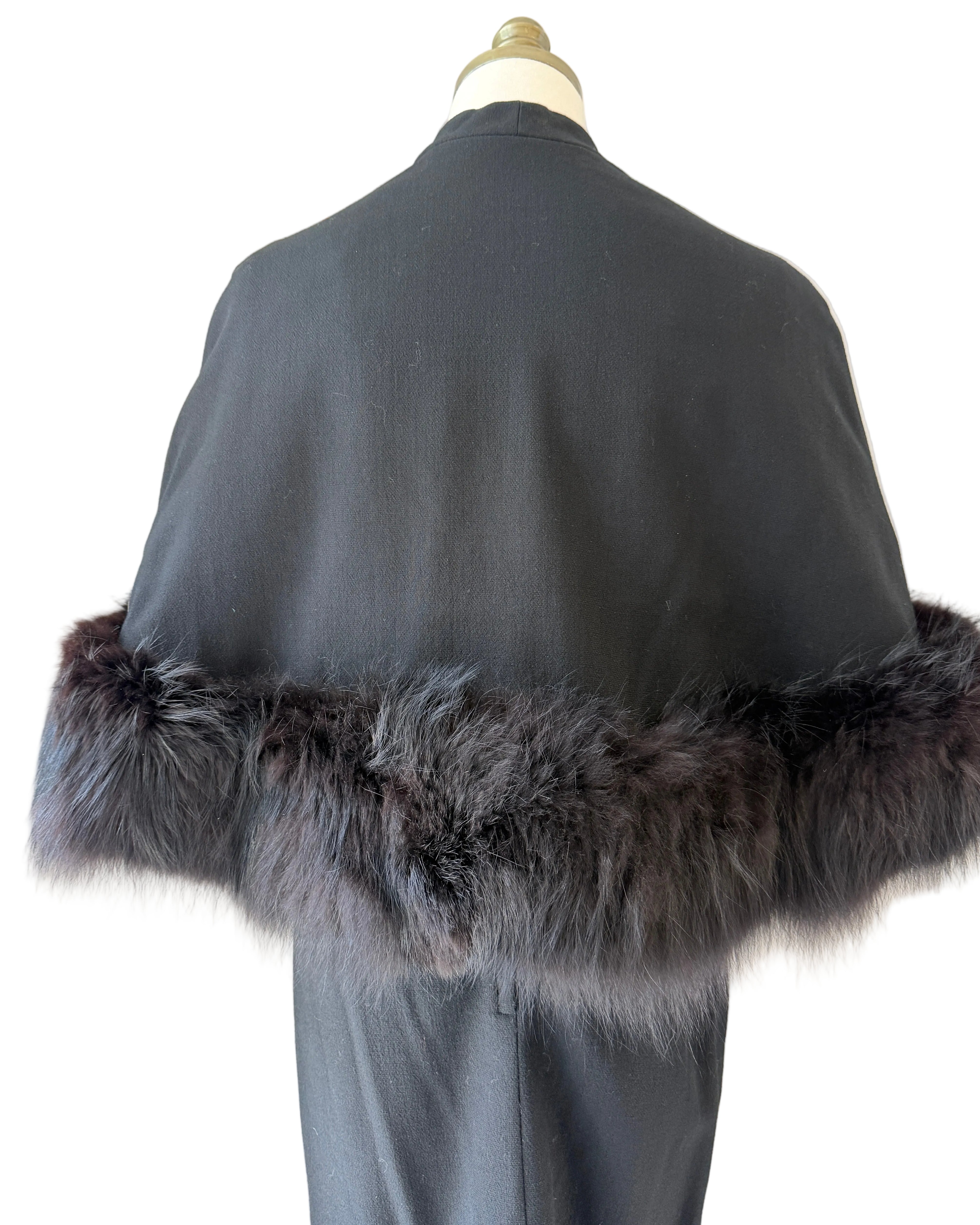 Mam'selle Black Sheath Dress with Capelet & Black Fox Fur Trim