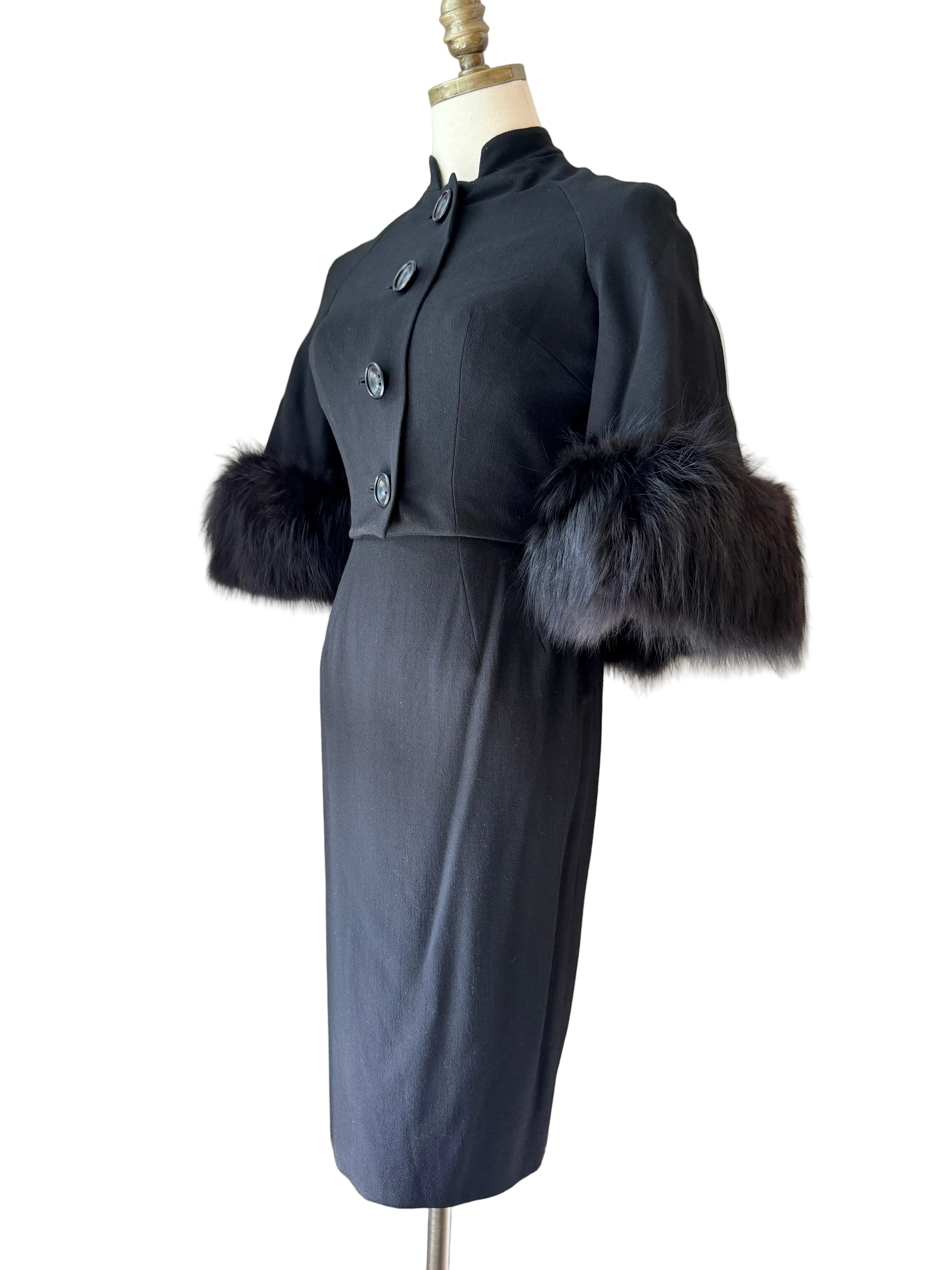 Mam'selle Black Sheath Dress with Capelet & Black Fox Fur Trim