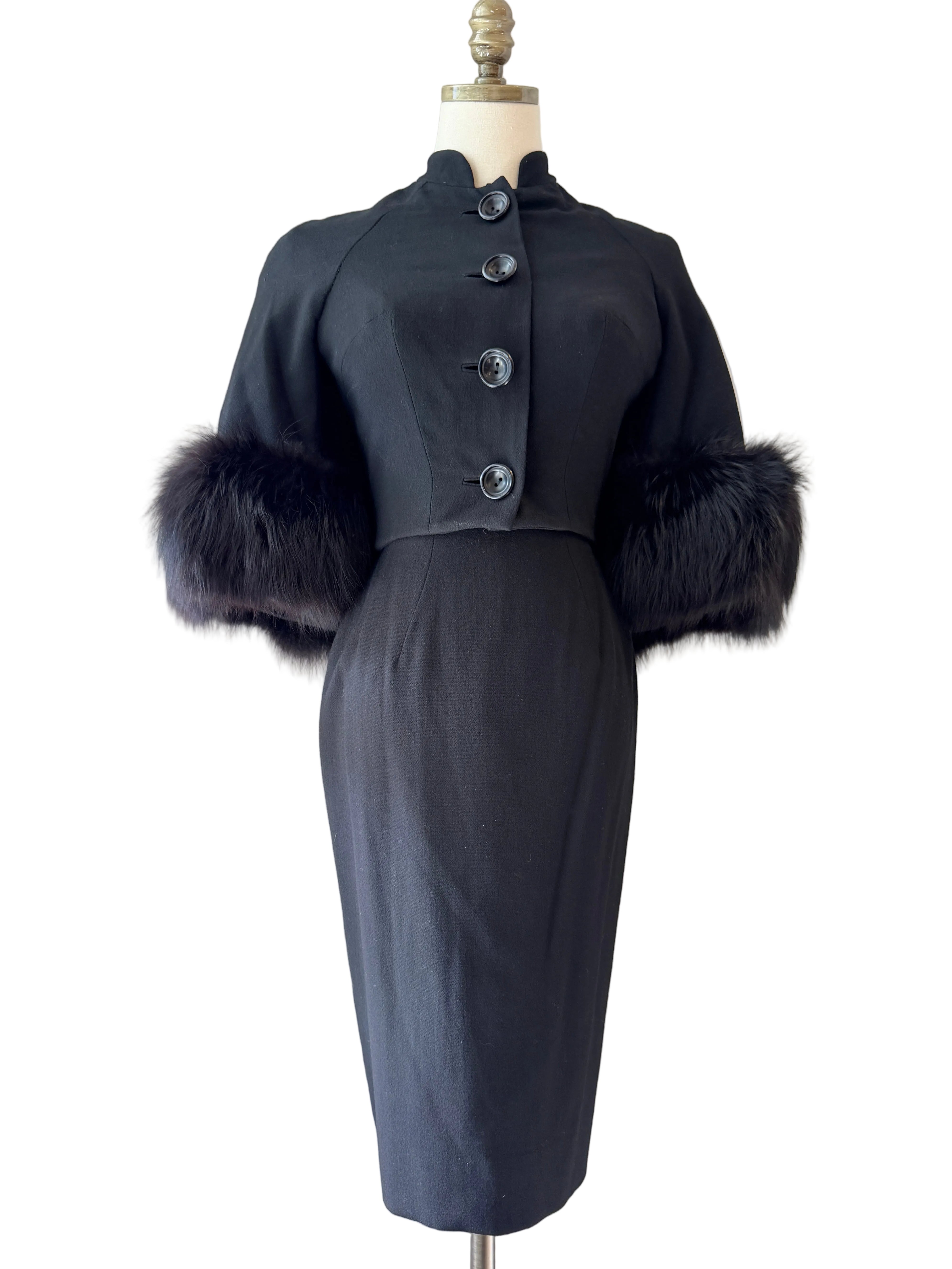 Mam'selle Black Sheath Dress with Capelet & Black Fox Fur Trim