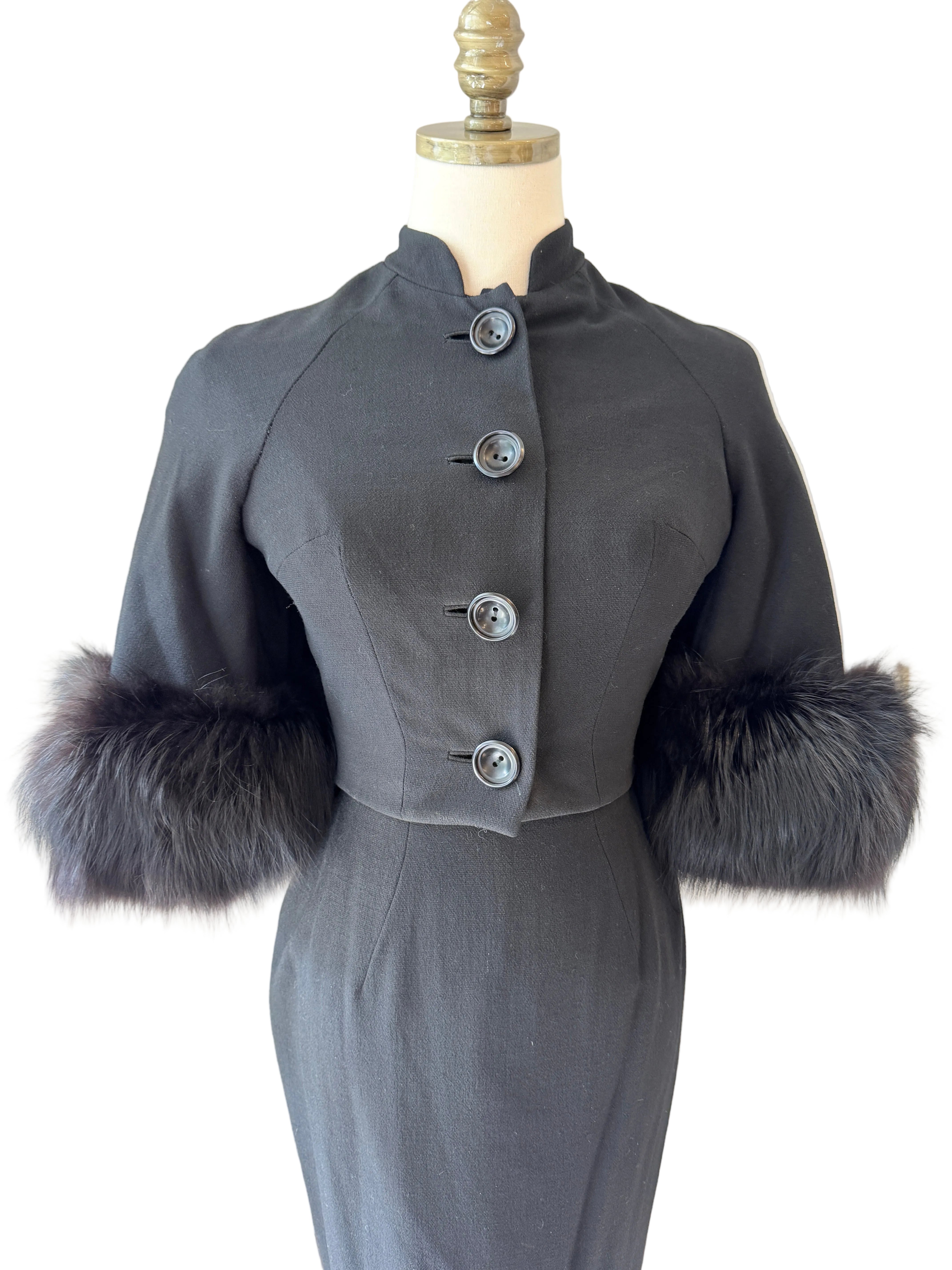 Mam'selle Black Sheath Dress with Capelet & Black Fox Fur Trim