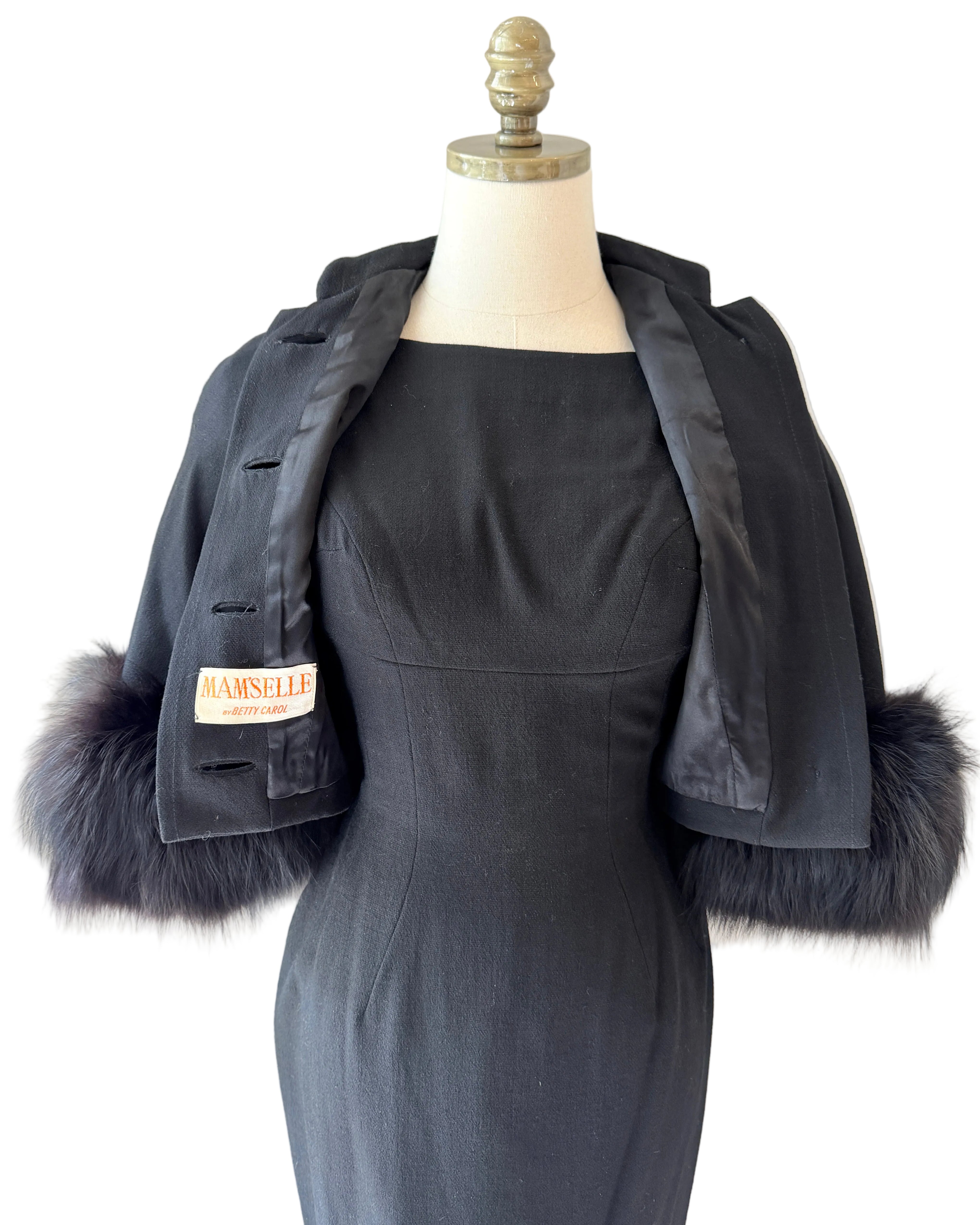 Mam'selle Black Sheath Dress with Capelet & Black Fox Fur Trim