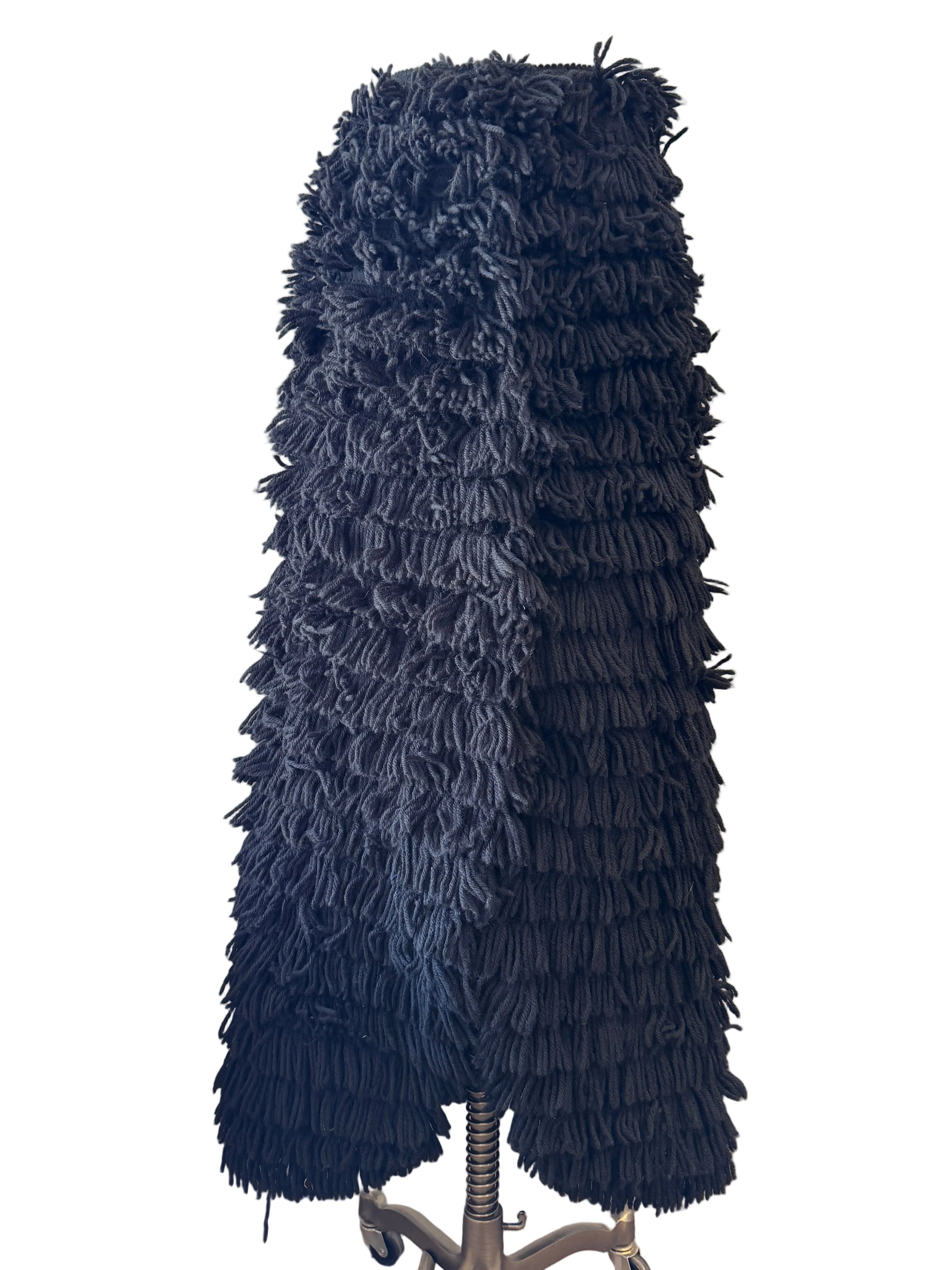 1960s Rare Black Yarn Fringe Snap-Front Skirt with Cotton Lining