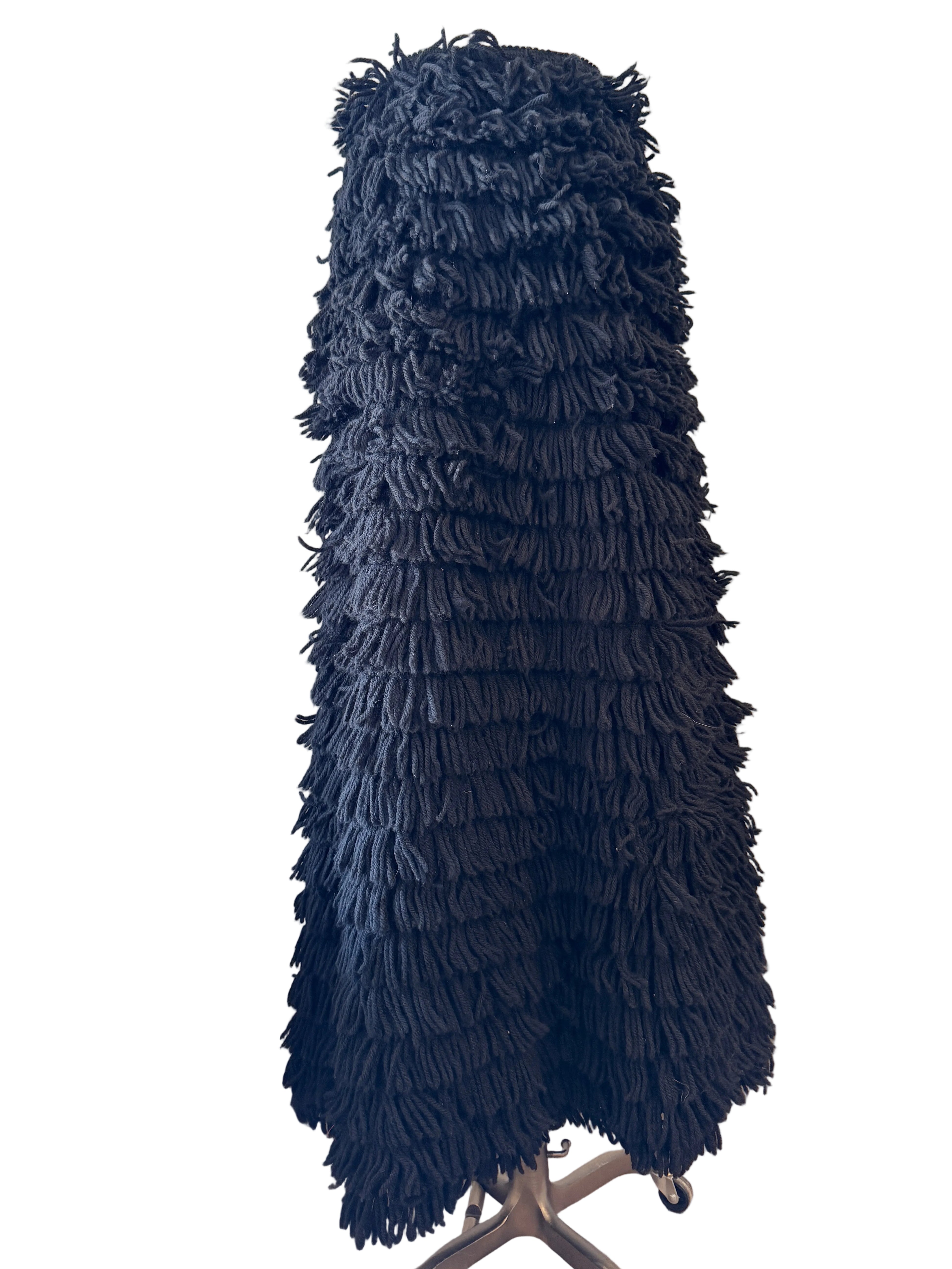 1960s Rare Black Yarn Fringe Snap-Front Skirt with Cotton Lining