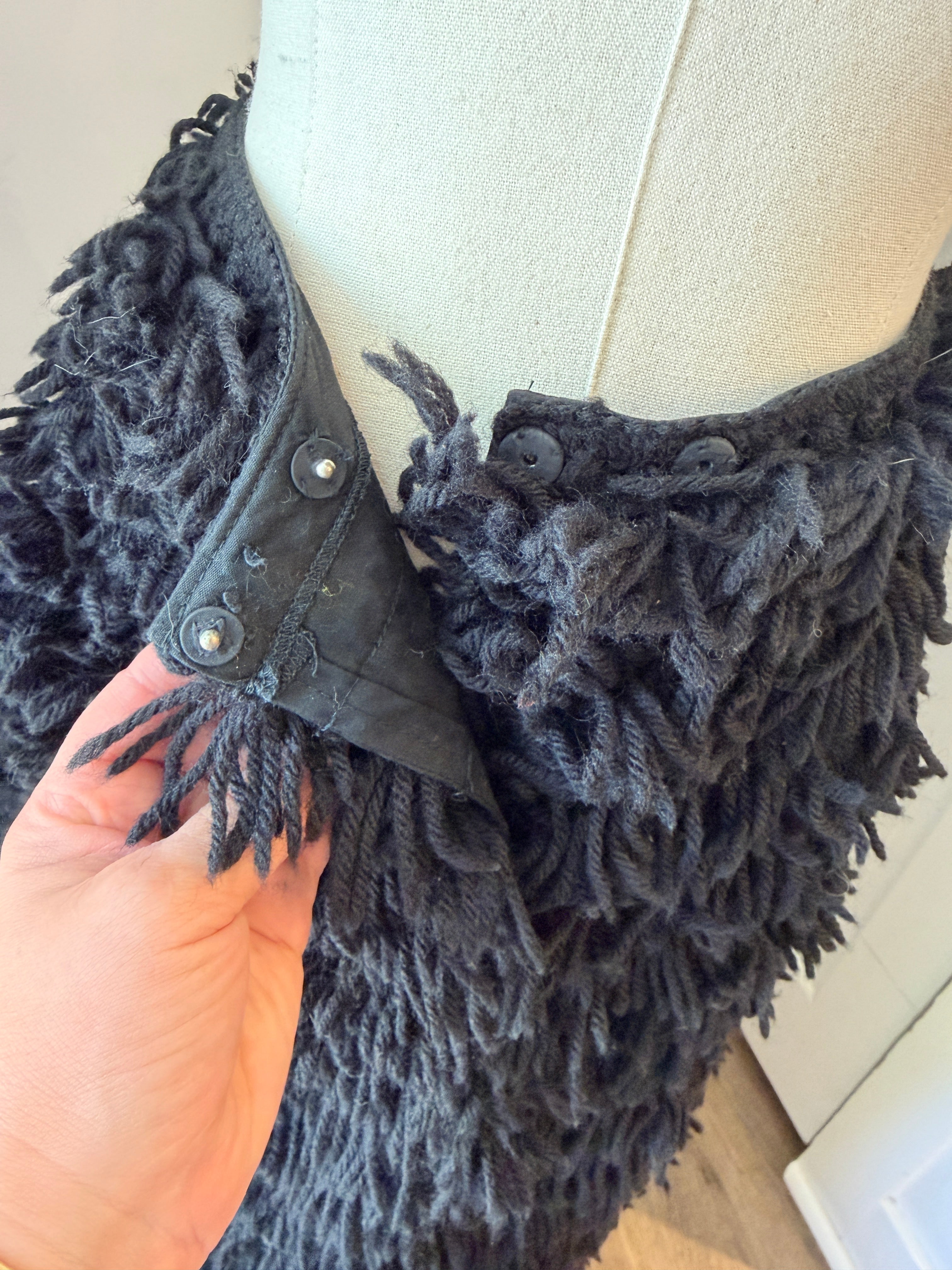 1960s Rare Black Yarn Fringe Snap-Front Skirt with Cotton Lining