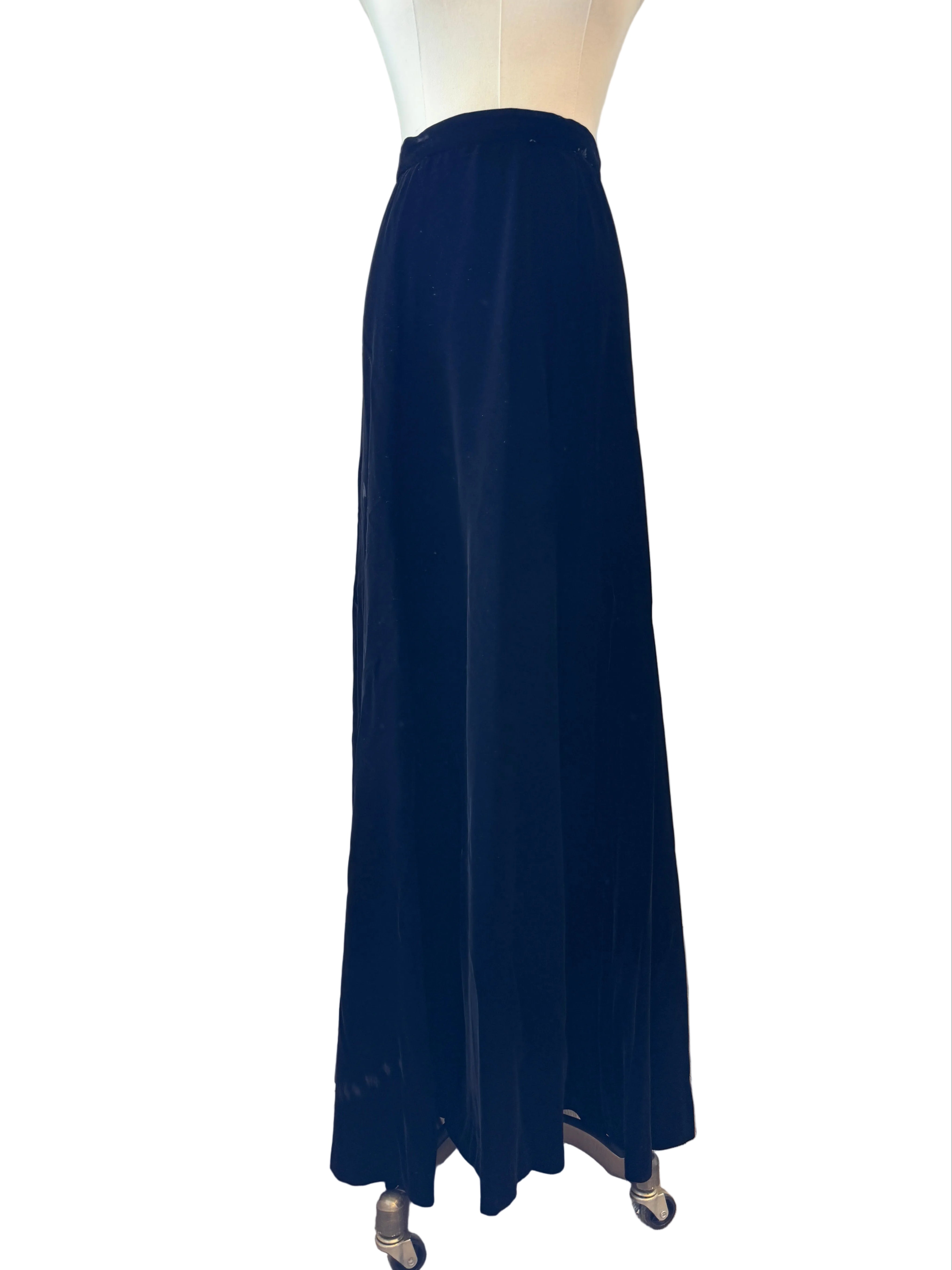 1950s Black Velvet Maxi Godet Skirt