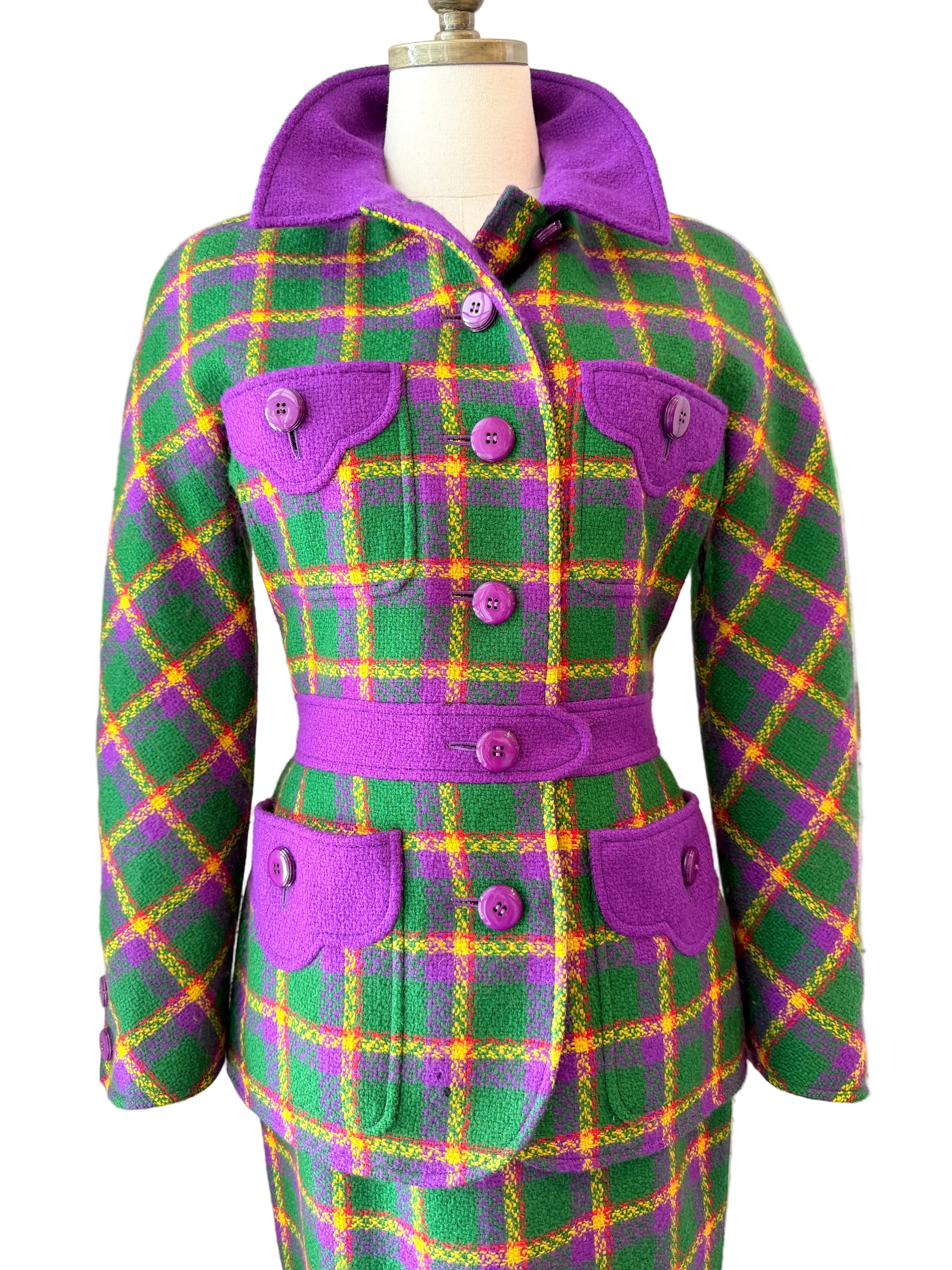 1980s Valentino Boutique Purple & Green Wool Plaid Two-Piece Skirt Suit