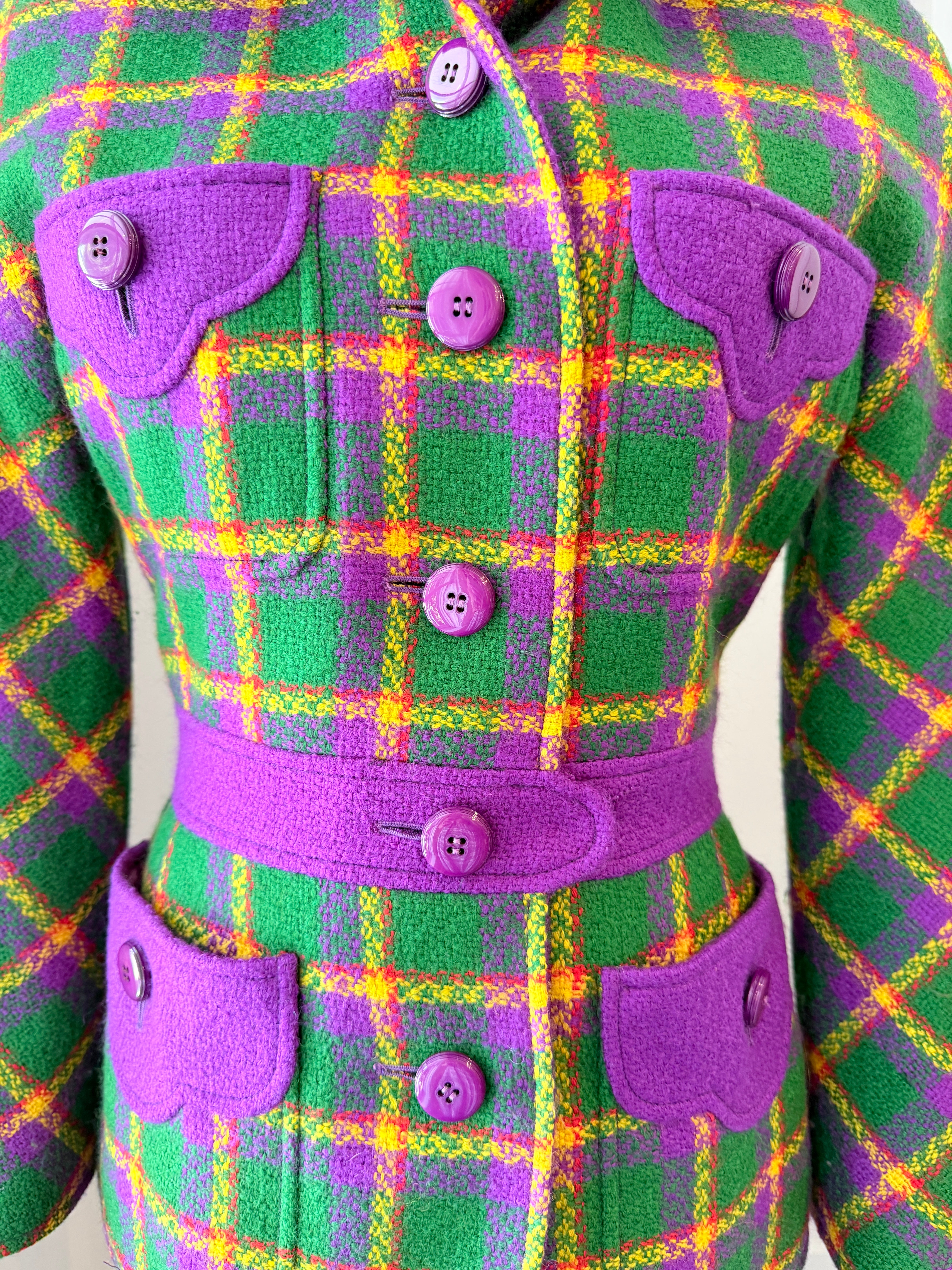 1980s Valentino Boutique Purple & Green Wool Plaid Two-Piece Skirt Suit