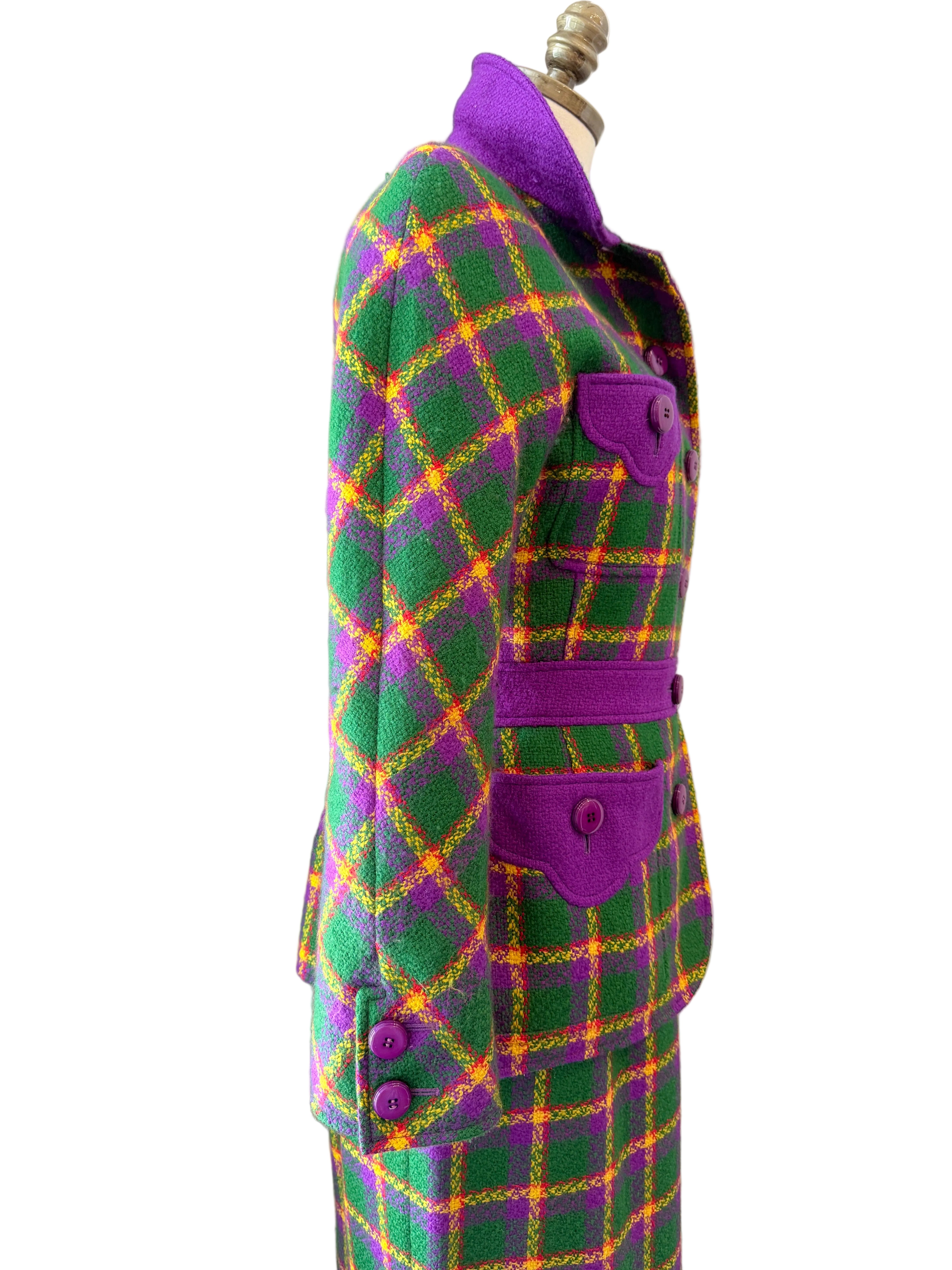 1980s Valentino Boutique Purple & Green Wool Plaid Two-Piece Skirt Suit