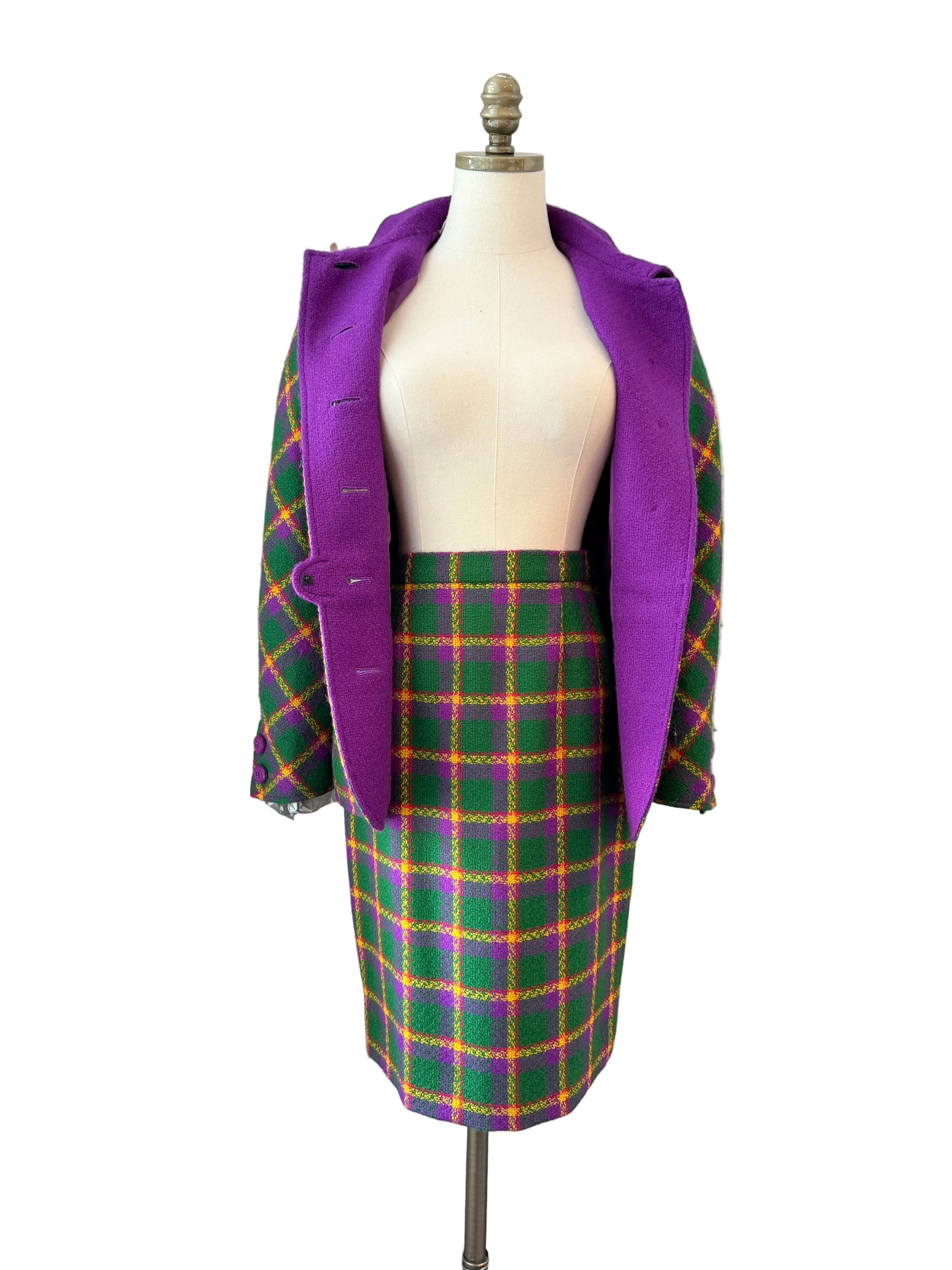 1980s Valentino Boutique Purple & Green Wool Plaid Two-Piece Skirt Suit