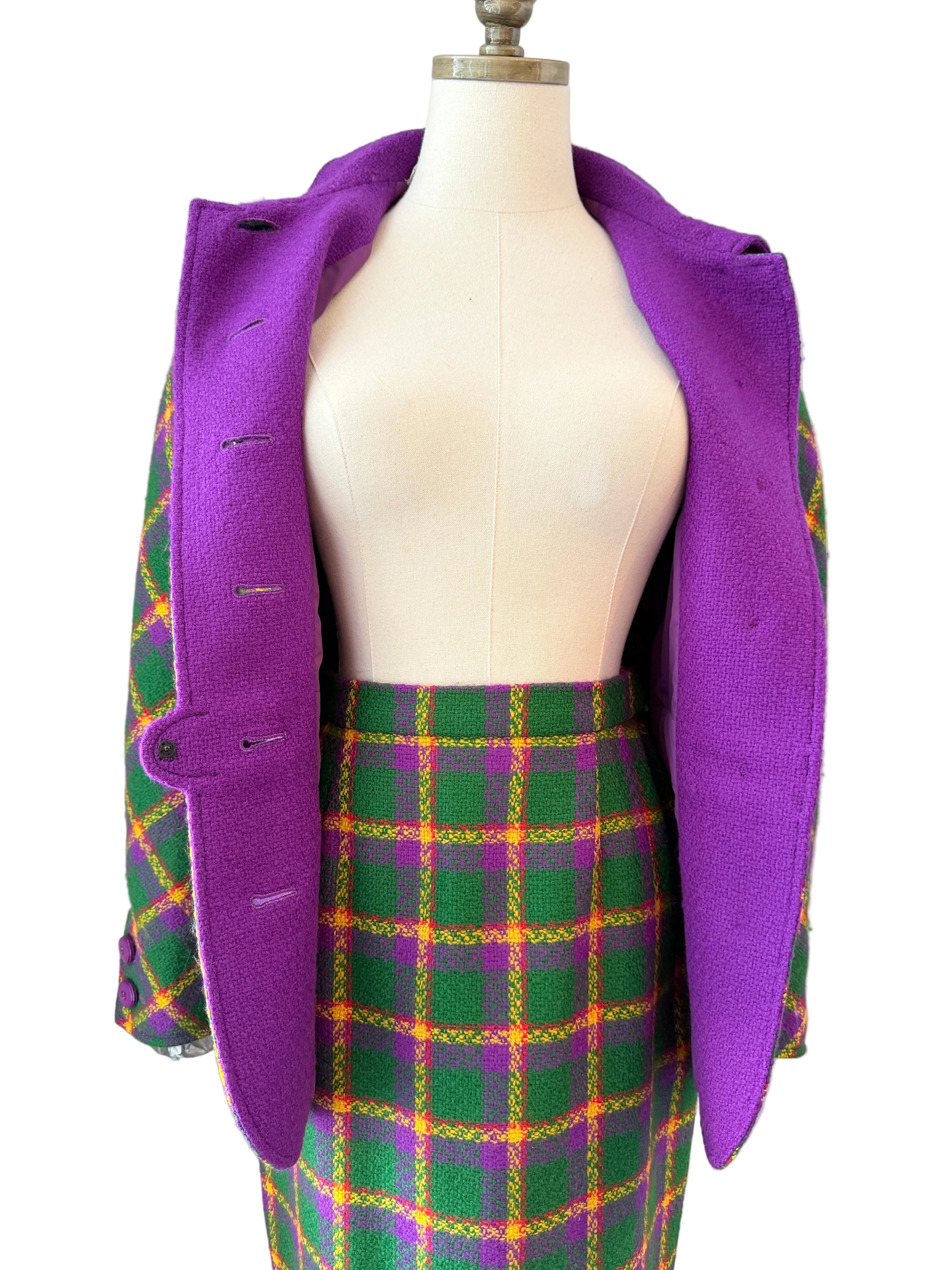1980s Valentino Boutique Purple & Green Wool Plaid Two-Piece Skirt Suit