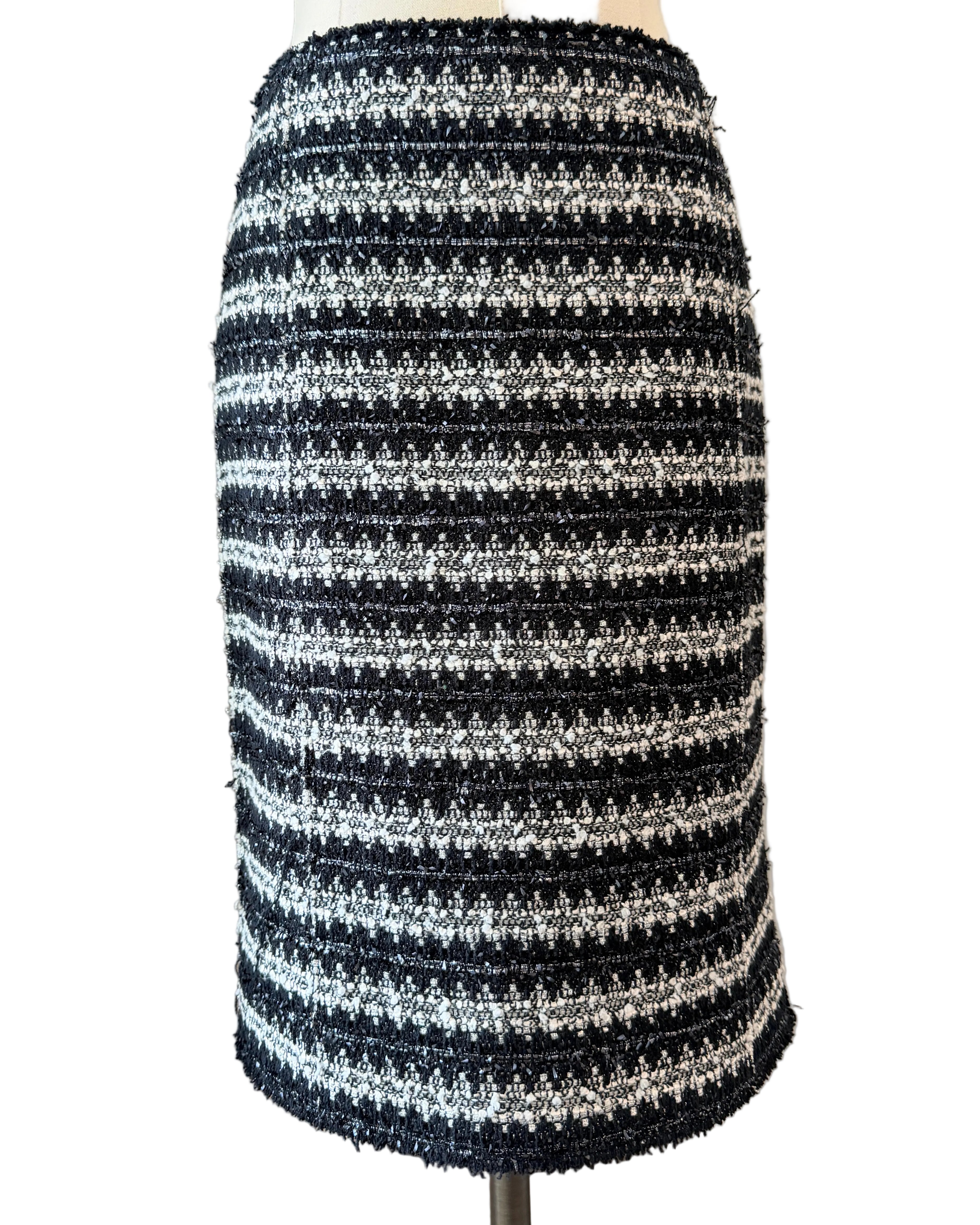 1990s Marc Jacobs Black & White Metallic Two-Piece Skirt Set with Cropped Open-Work Blazer & Pearl Details