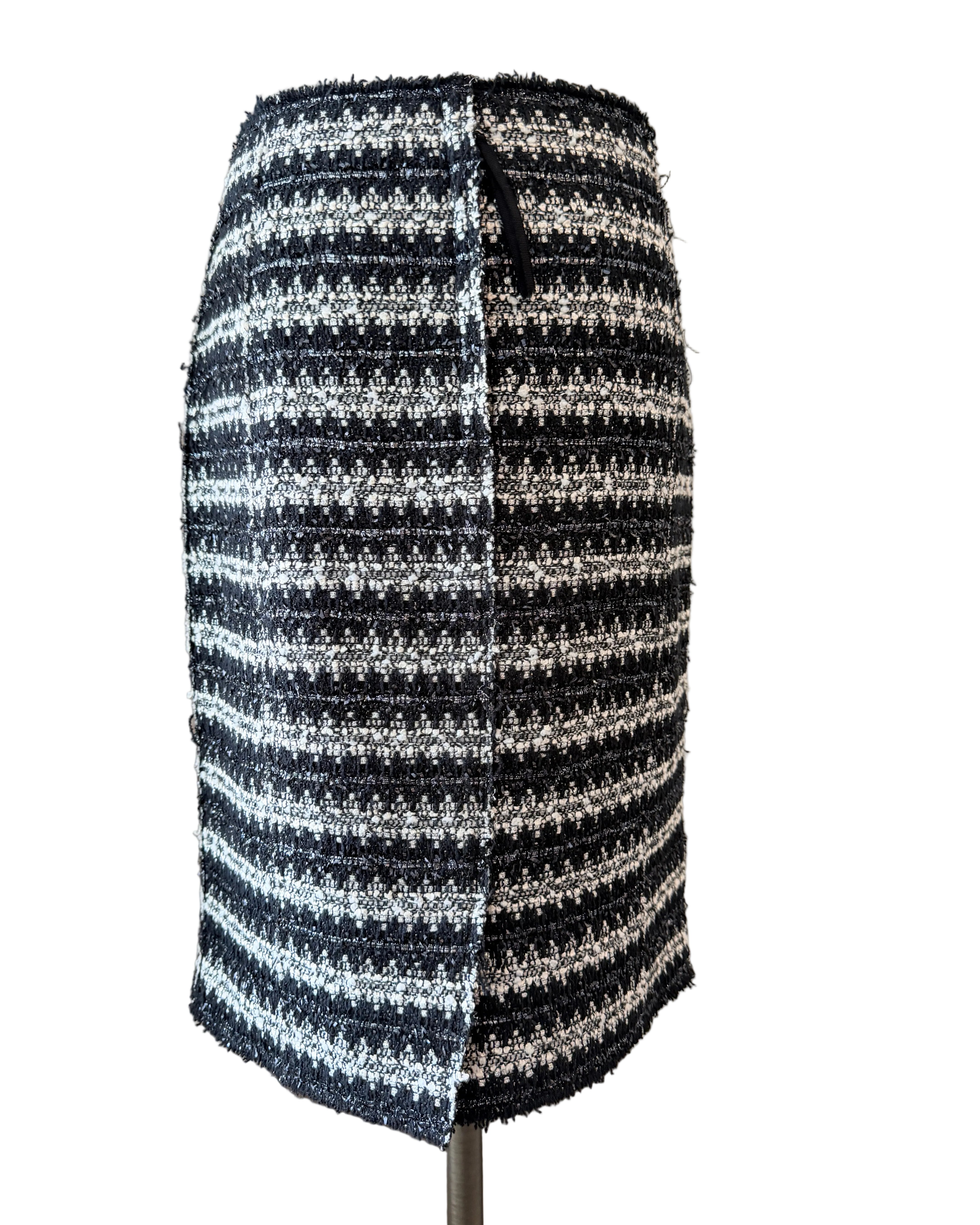 1990s Marc Jacobs Black & White Metallic Two-Piece Skirt Set with Cropped Open-Work Blazer & Pearl Details