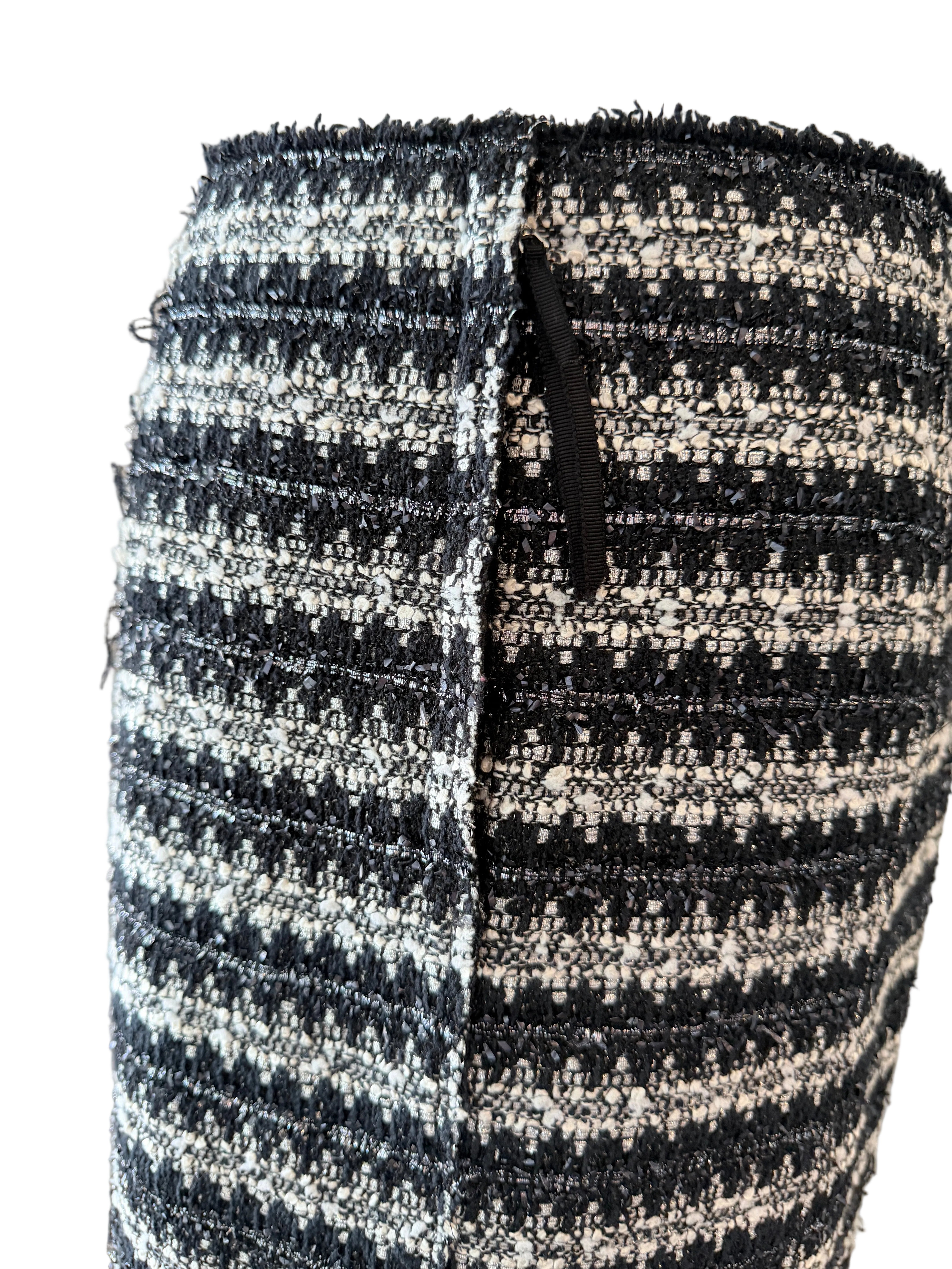 1990s Marc Jacobs Black & White Metallic Two-Piece Skirt Set with Cropped Open-Work Blazer & Pearl Details