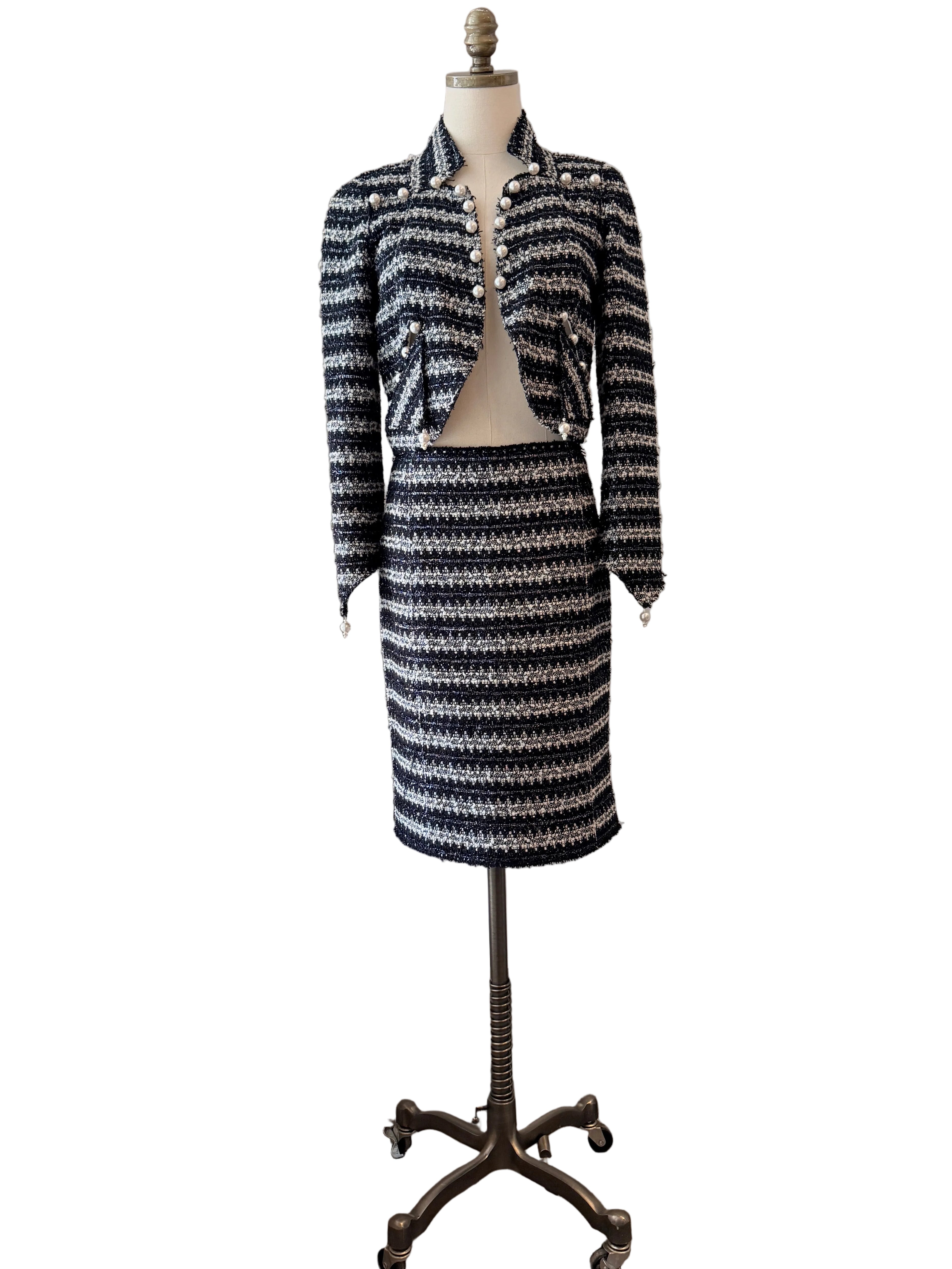 1990s Marc Jacobs Black & White Metallic Two-Piece Skirt Set with Cropped Open-Work Blazer & Pearl Details