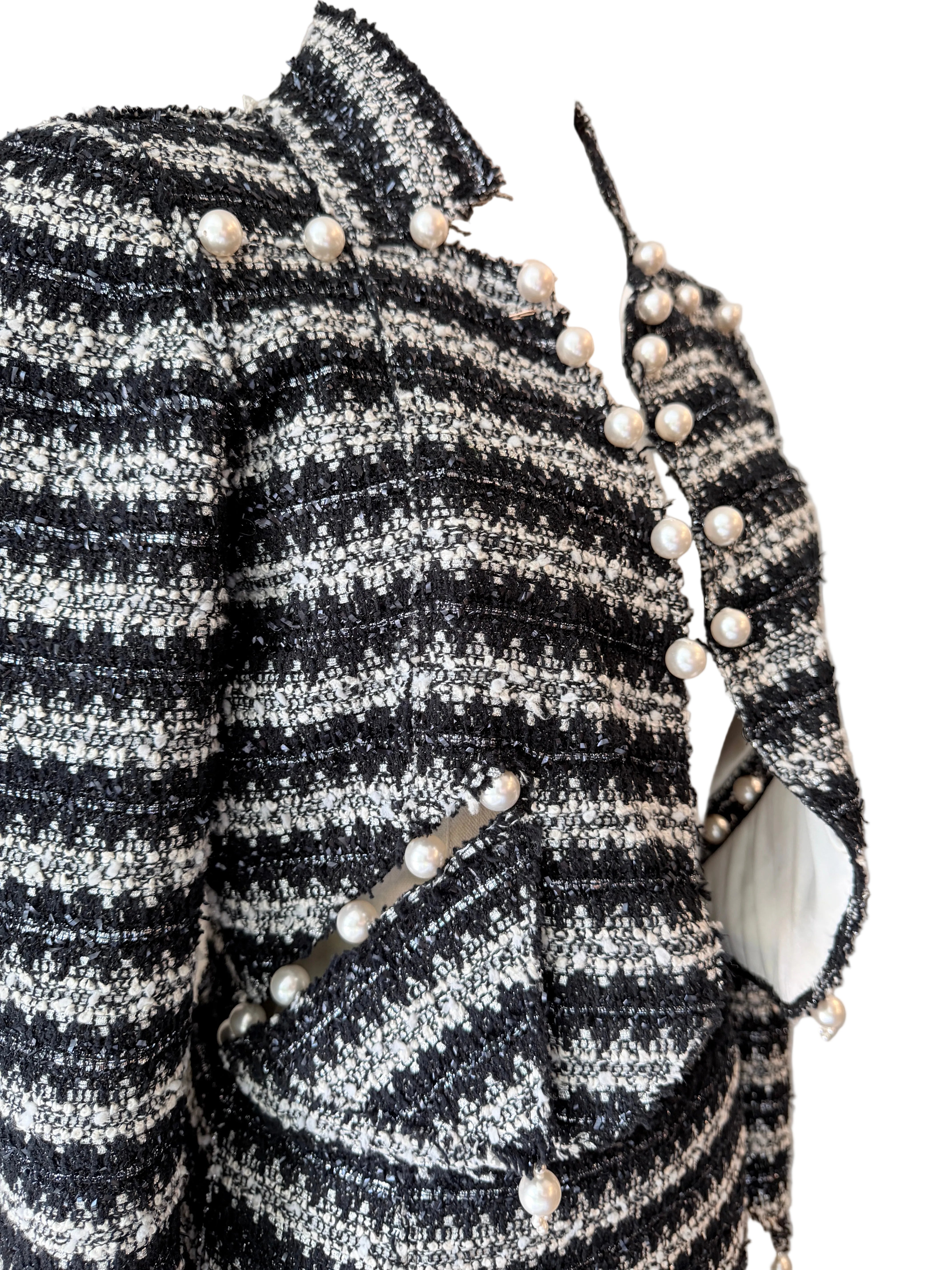 1990s Marc Jacobs Black & White Metallic Two-Piece Skirt Set with Cropped Open-Work Blazer & Pearl Details