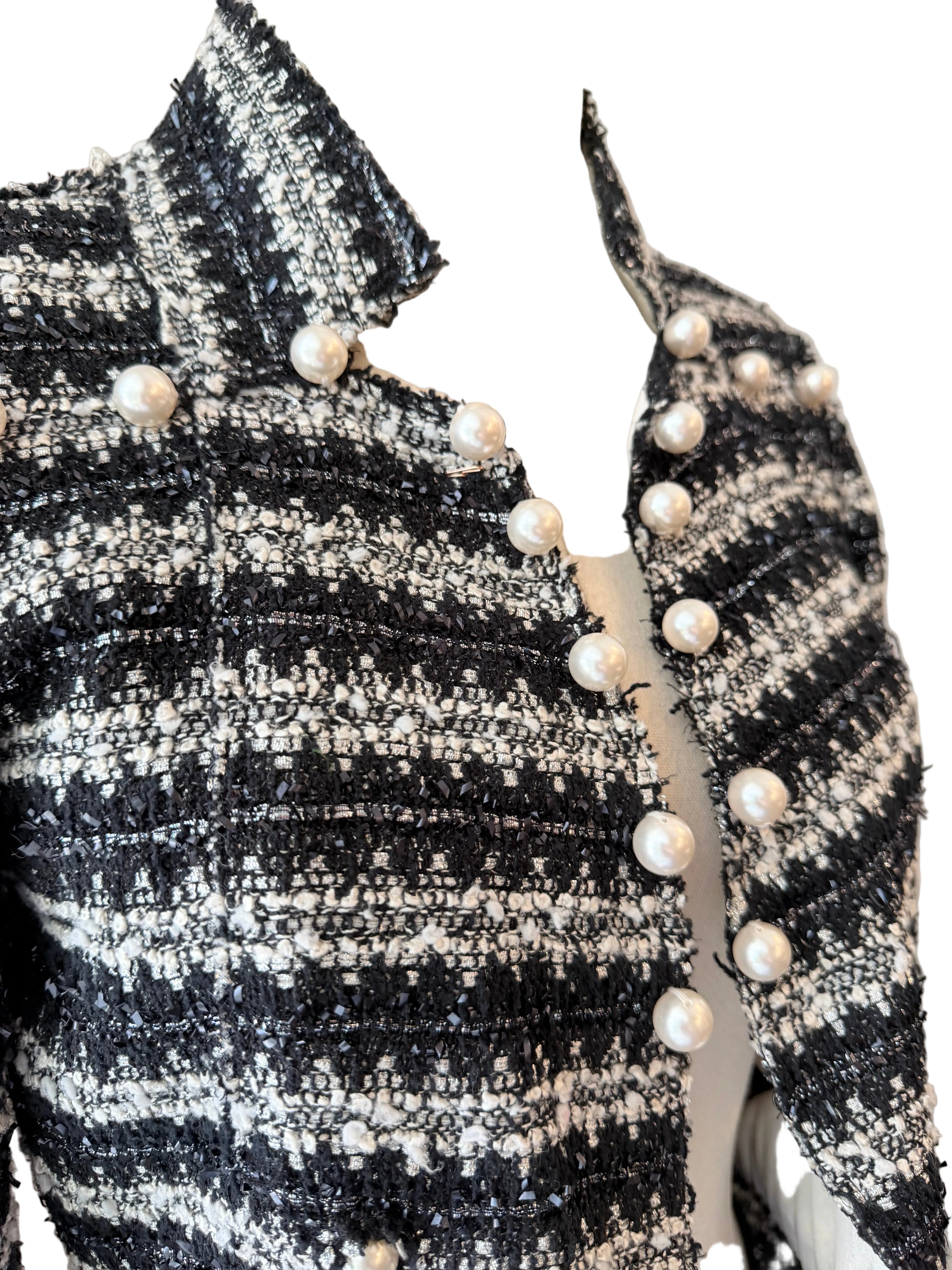 1990s Marc Jacobs Black & White Metallic Two-Piece Skirt Set with Cropped Open-Work Blazer & Pearl Details