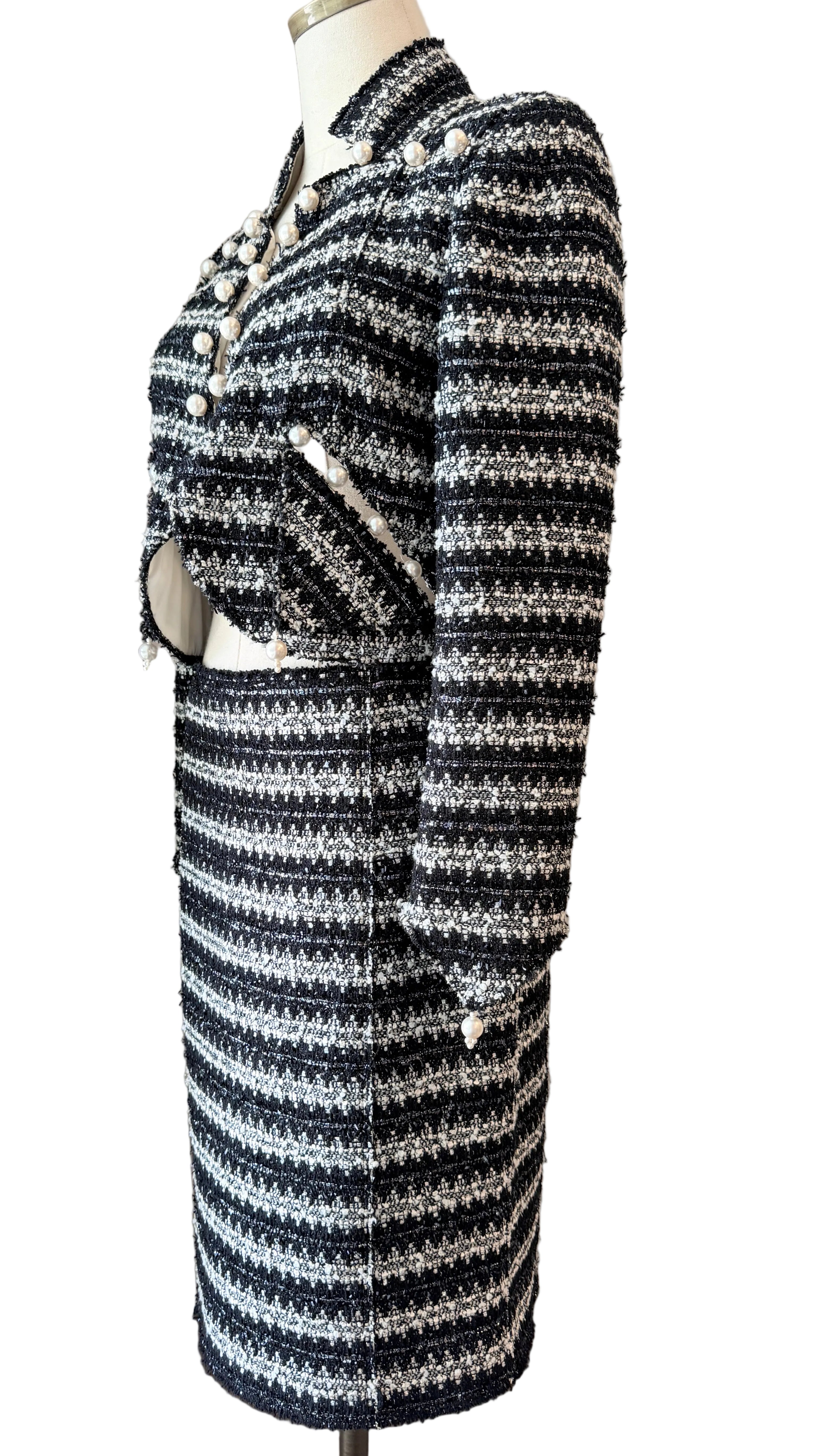 1990s Marc Jacobs Black & White Metallic Two-Piece Skirt Set with Cropped Open-Work Blazer & Pearl Details