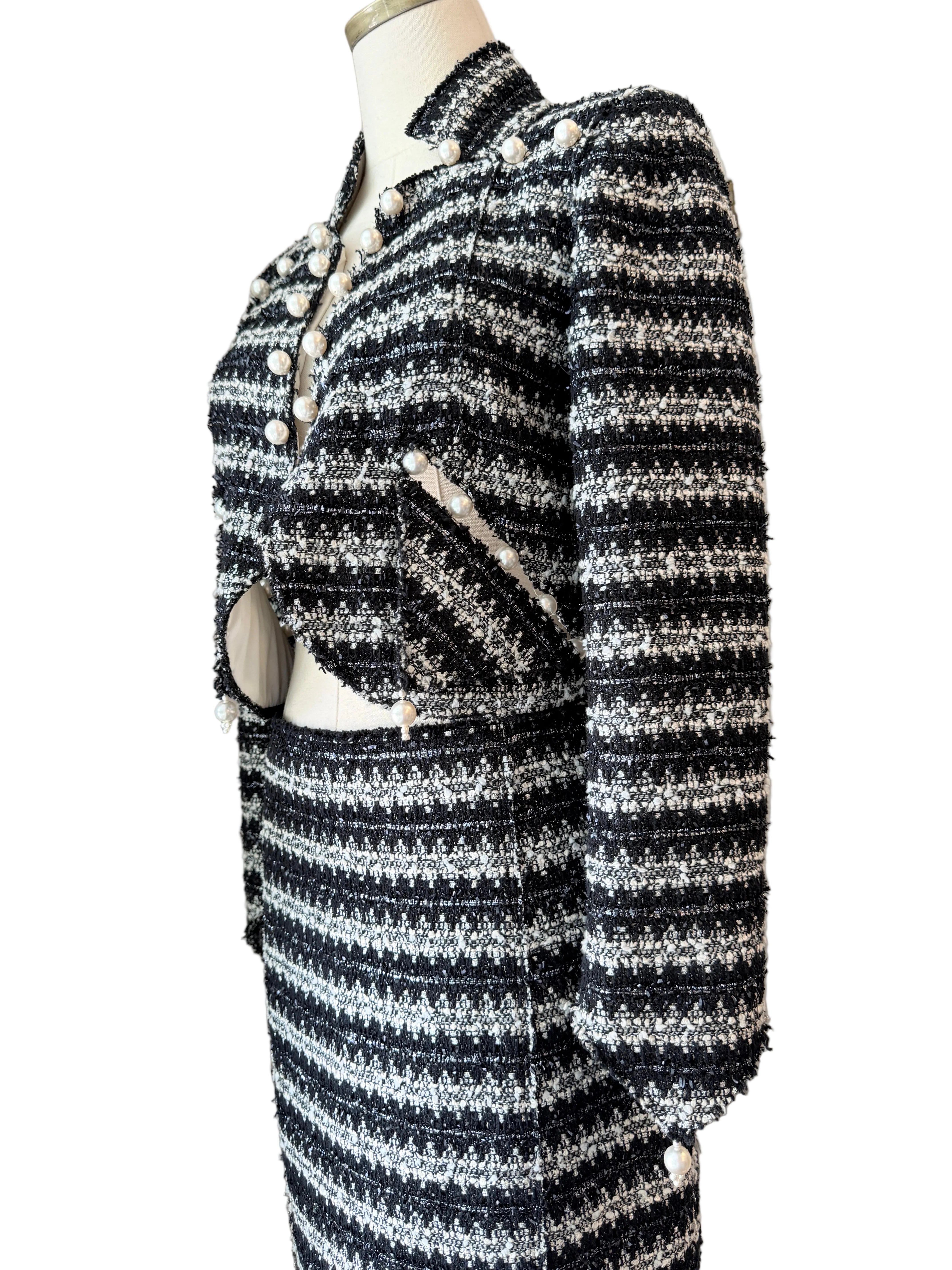 1990s Marc Jacobs Black & White Metallic Two-Piece Skirt Set with Cropped Open-Work Blazer & Pearl Details