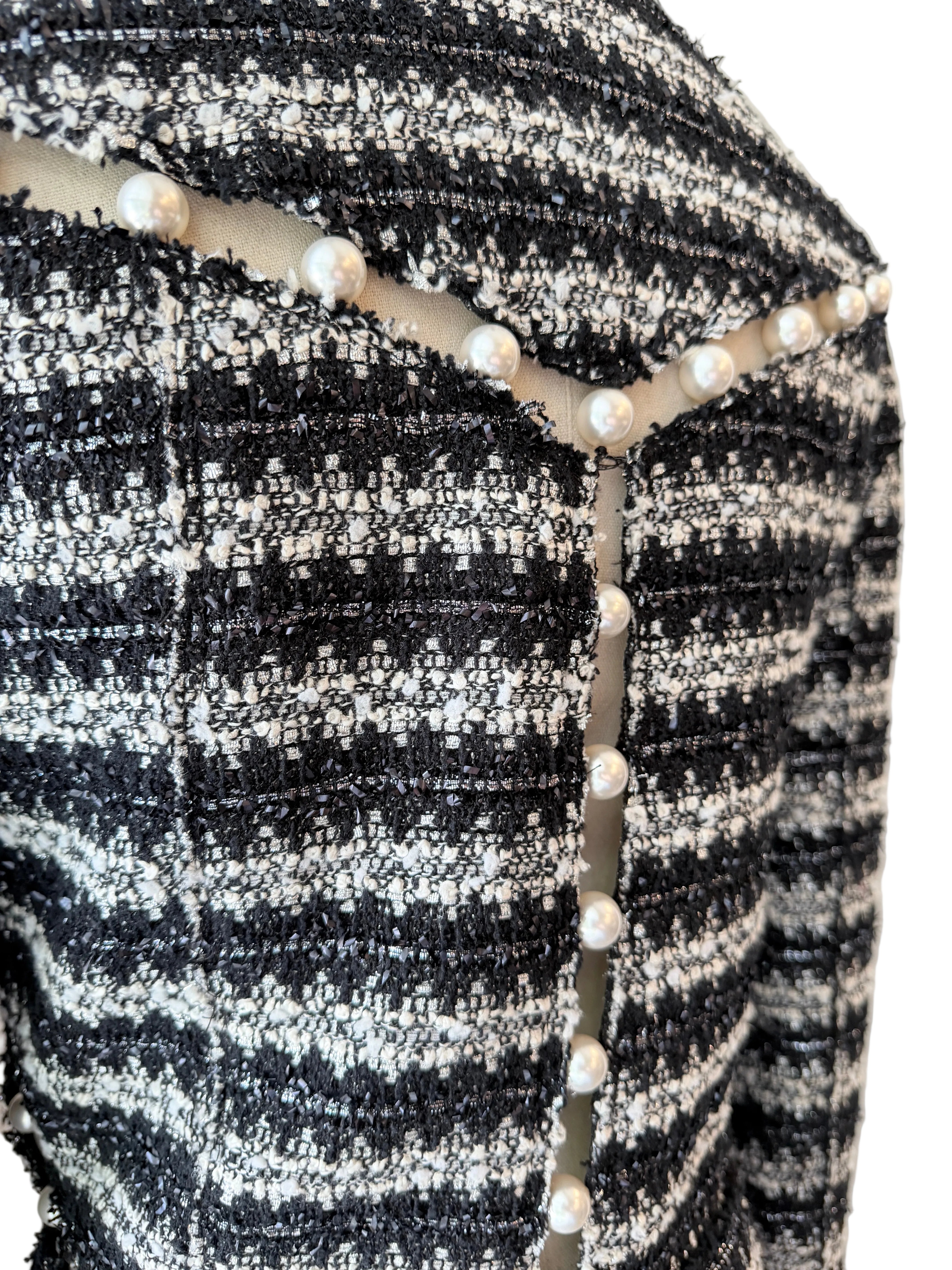 1990s Marc Jacobs Black & White Metallic Two-Piece Skirt Set with Cropped Open-Work Blazer & Pearl Details