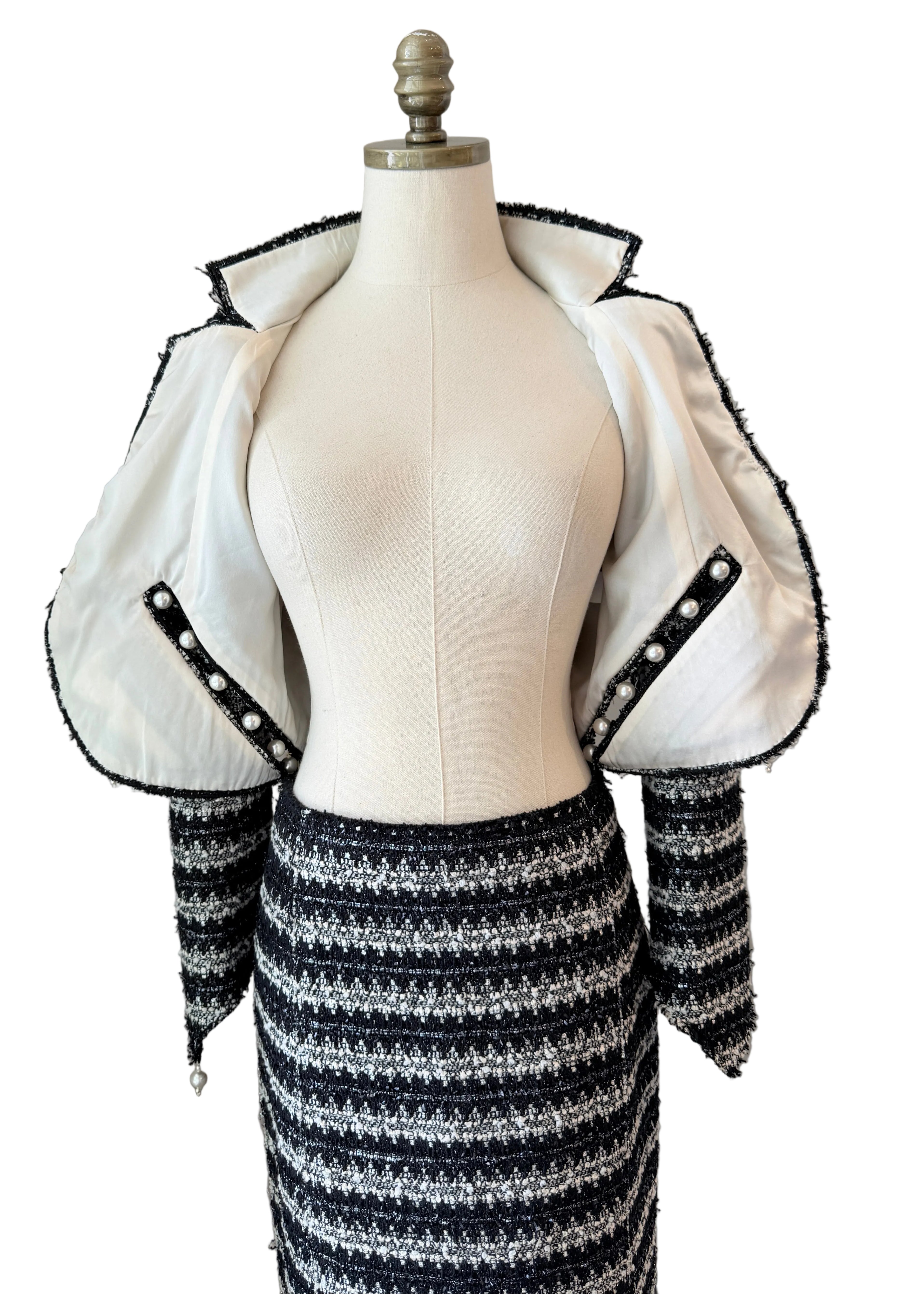 1990s Marc Jacobs Black & White Metallic Two-Piece Skirt Set with Cropped Open-Work Blazer & Pearl Details