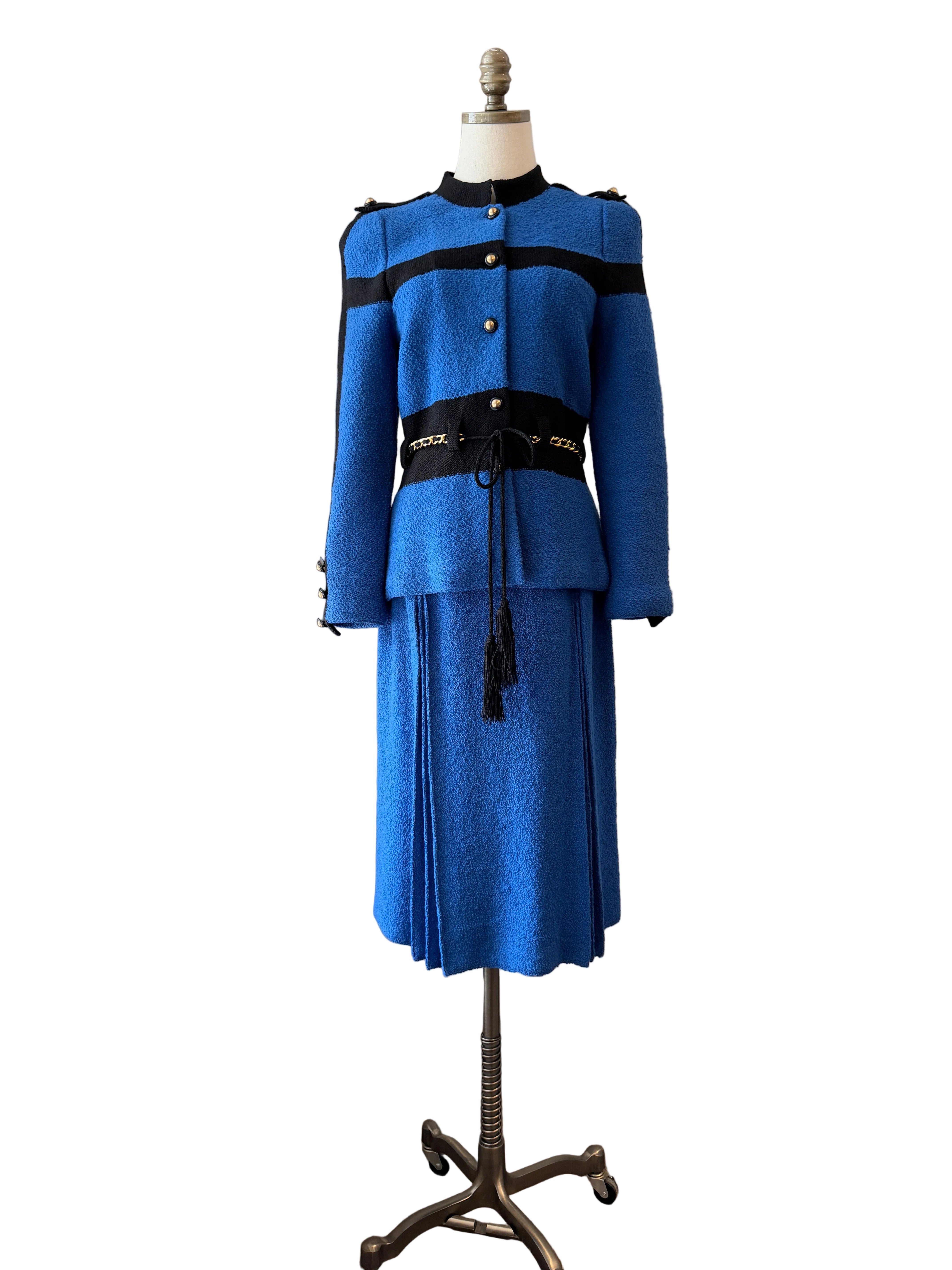 1960s Adolfo Royal Blue & Black Striped Knit Suit with Chain Belt & Pleated Hem Skirt