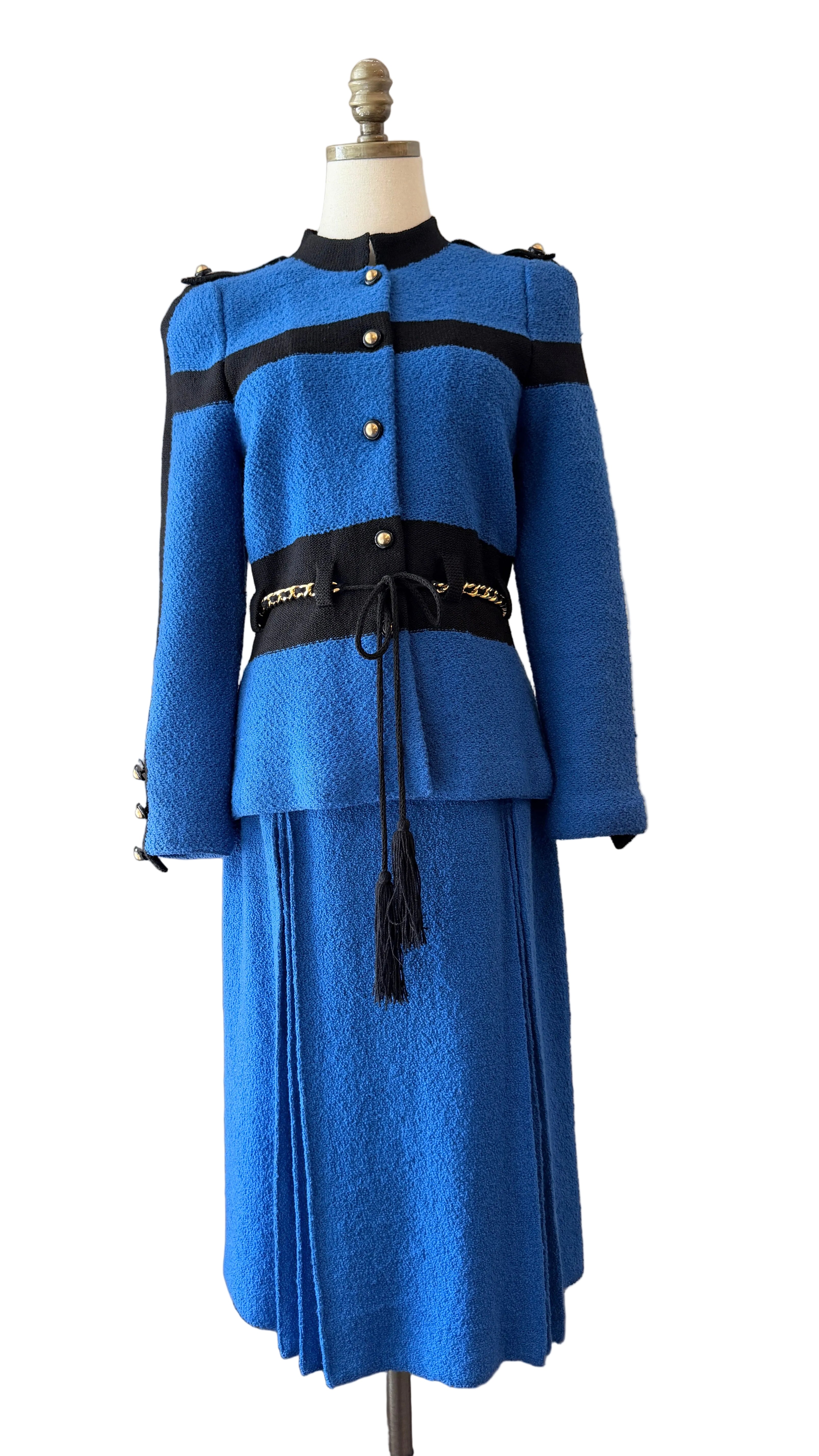 1960s Adolfo Royal Blue & Black Striped Knit Suit with Chain Belt & Pleated Hem Skirt