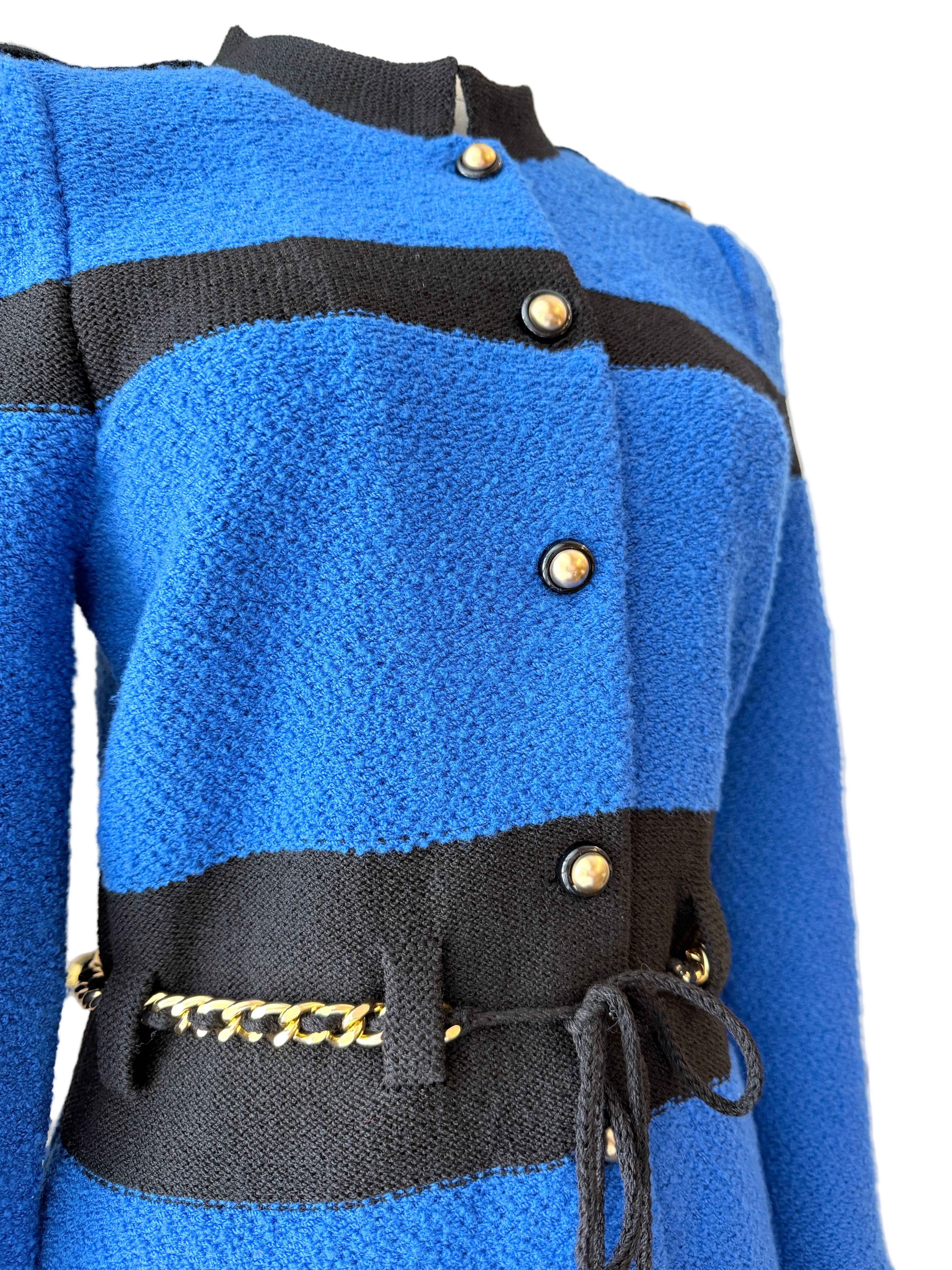 1960s Adolfo Royal Blue & Black Striped Knit Suit with Chain Belt & Pleated Hem Skirt