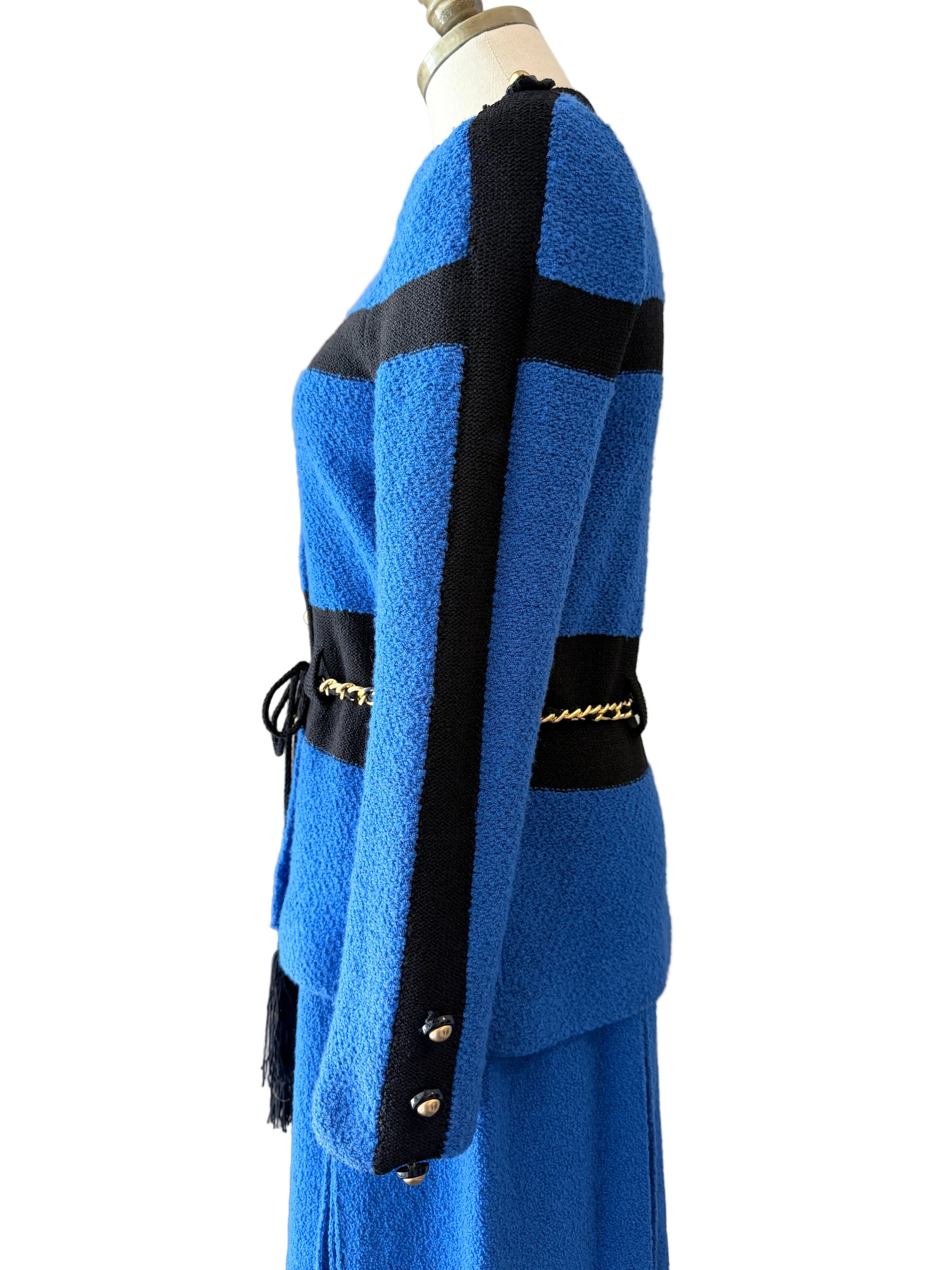 1960s Adolfo Royal Blue & Black Striped Knit Suit with Chain Belt & Pleated Hem Skirt