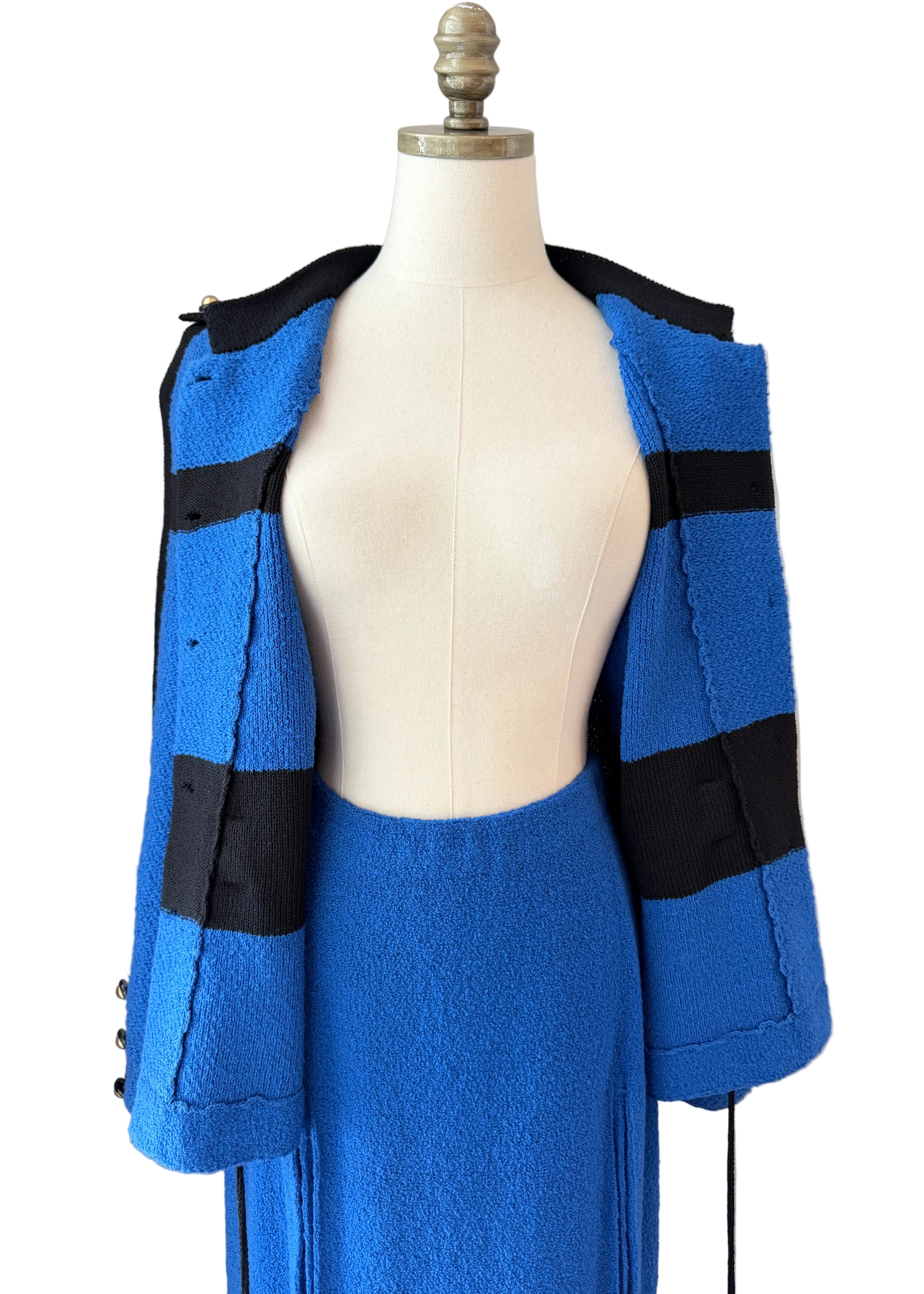 1960s Adolfo Royal Blue & Black Striped Knit Suit with Chain Belt & Pleated Hem Skirt