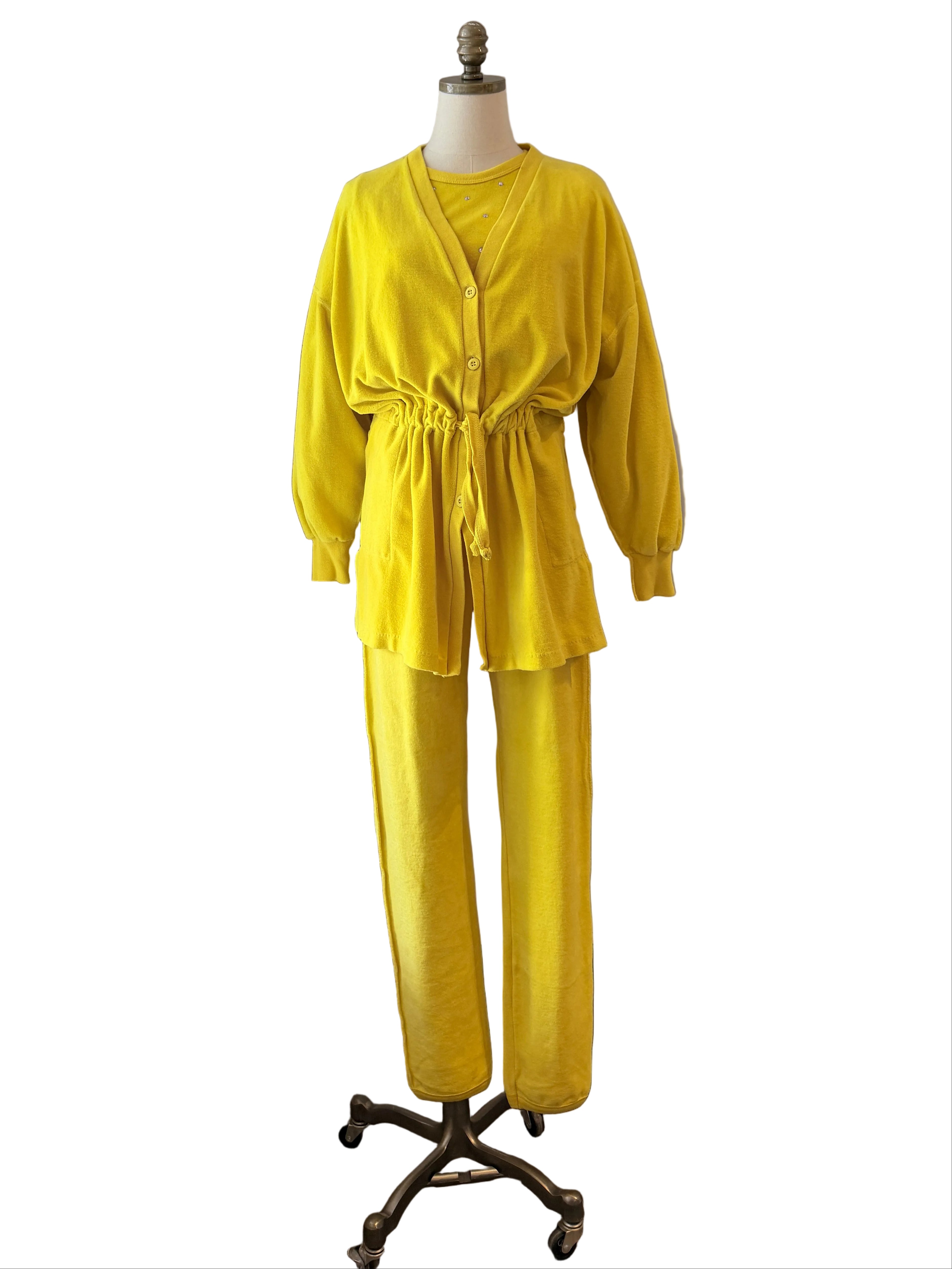 1980s Sonia Rykiel Yellow Velour Three-Piece Ensemble with Rhinestone Accents
