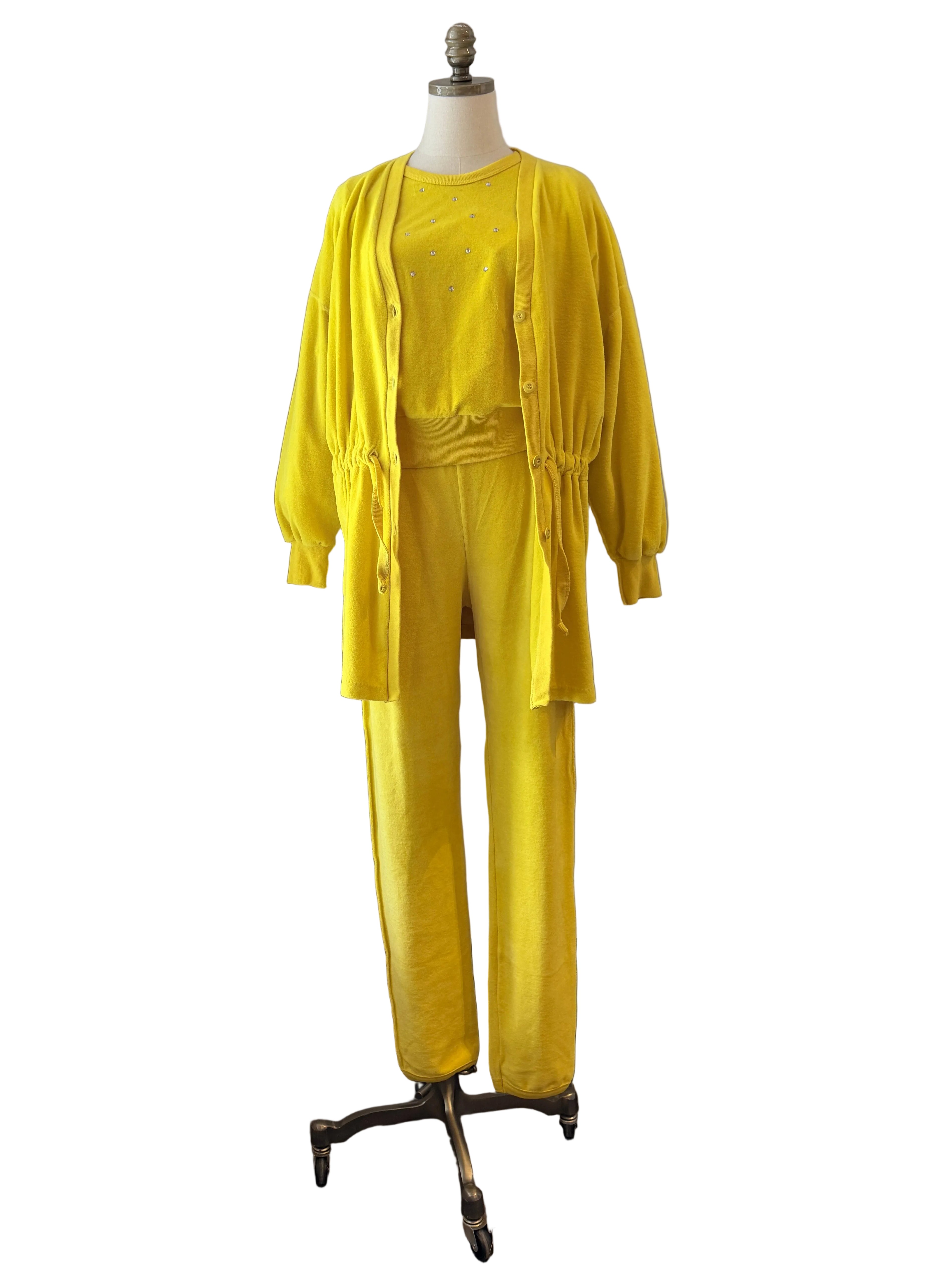 1980s Sonia Rykiel Yellow Velour Three-Piece Ensemble with Rhinestone Accents