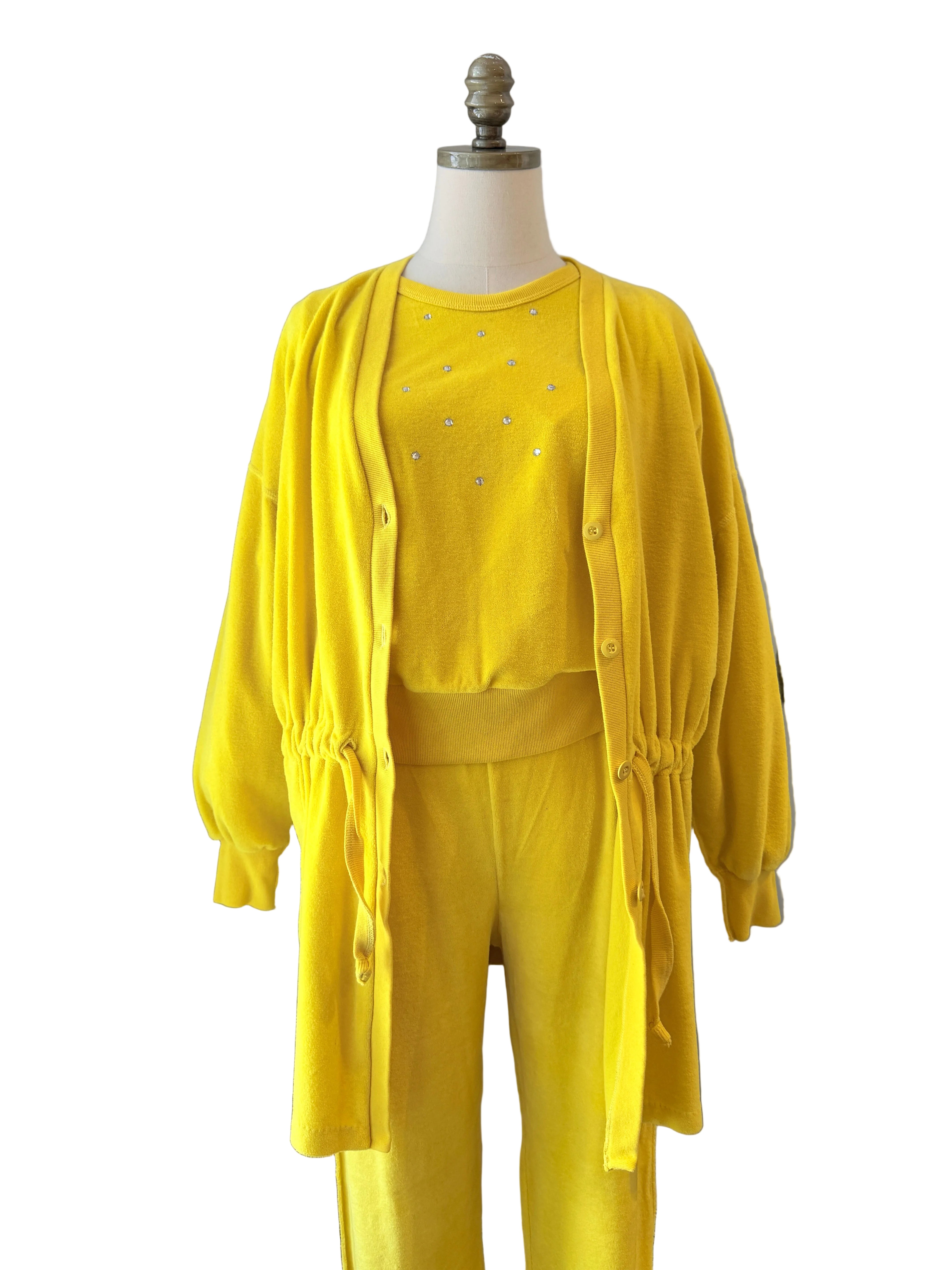 1980s Sonia Rykiel Yellow Velour Three-Piece Ensemble with Rhinestone Accents