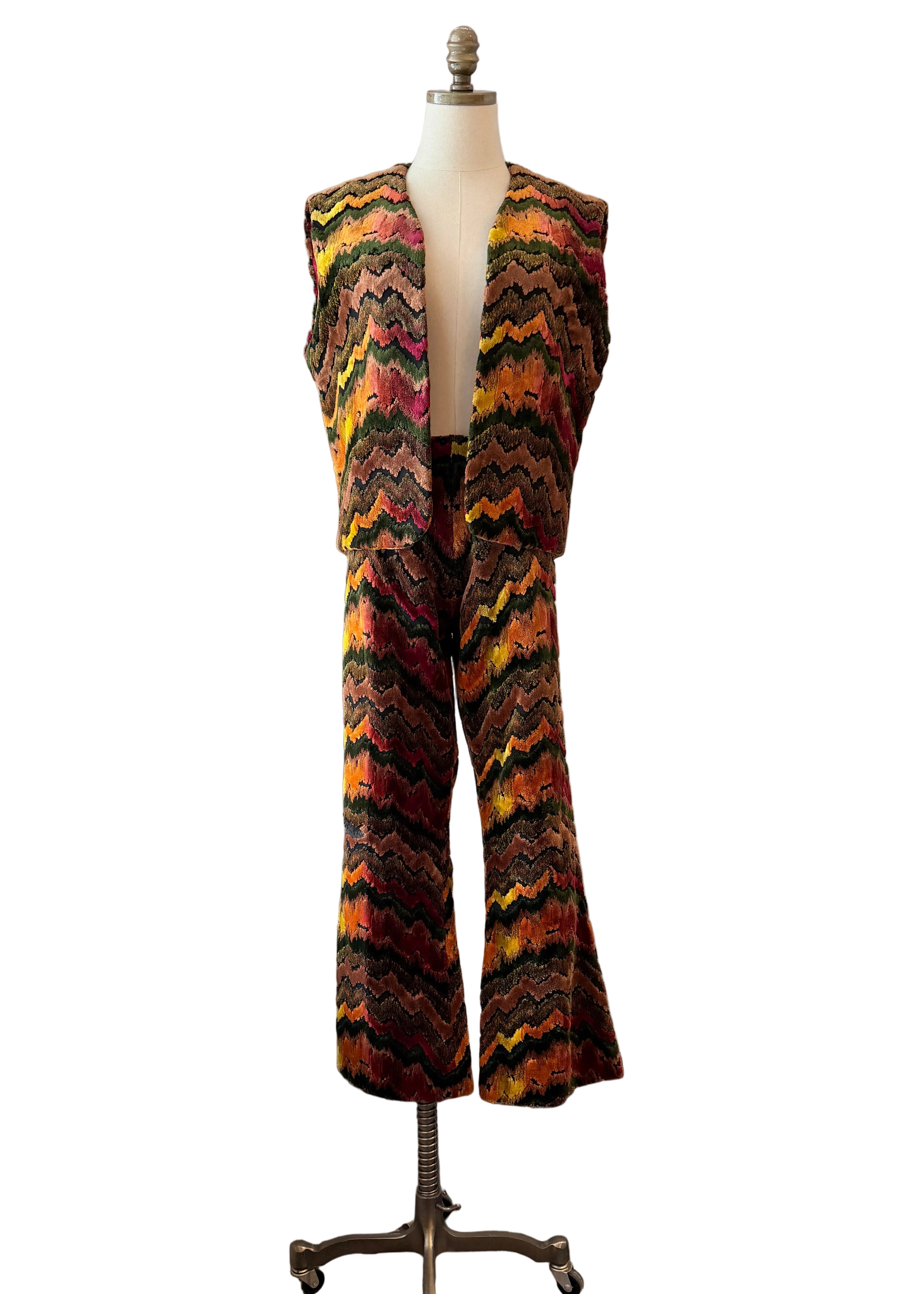 1970s Custom-Made Velvet Carpet Vest & Pants Set with Chevron Design