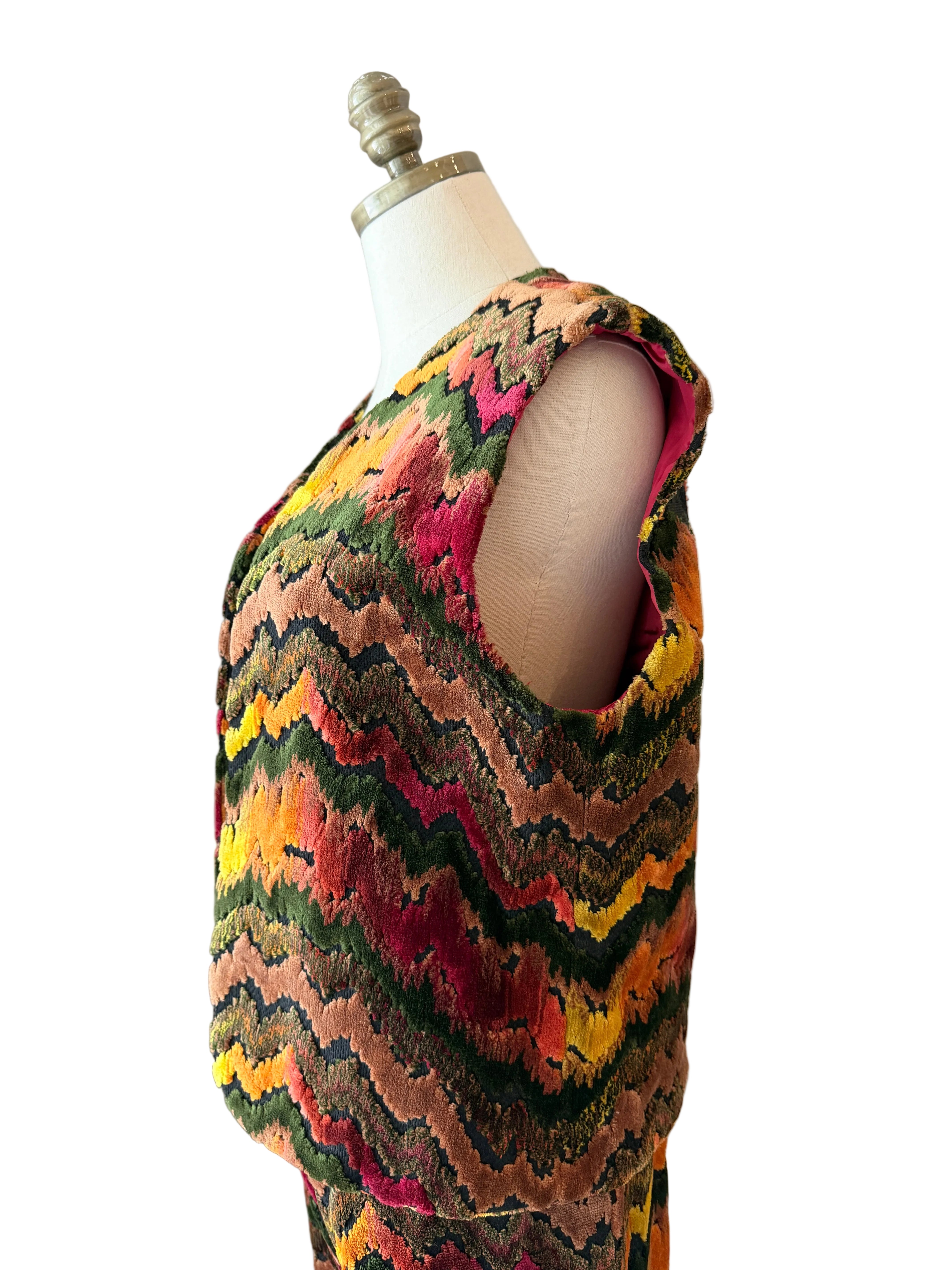 1970s Custom-Made Velvet Carpet Vest & Pants Set with Chevron Design
