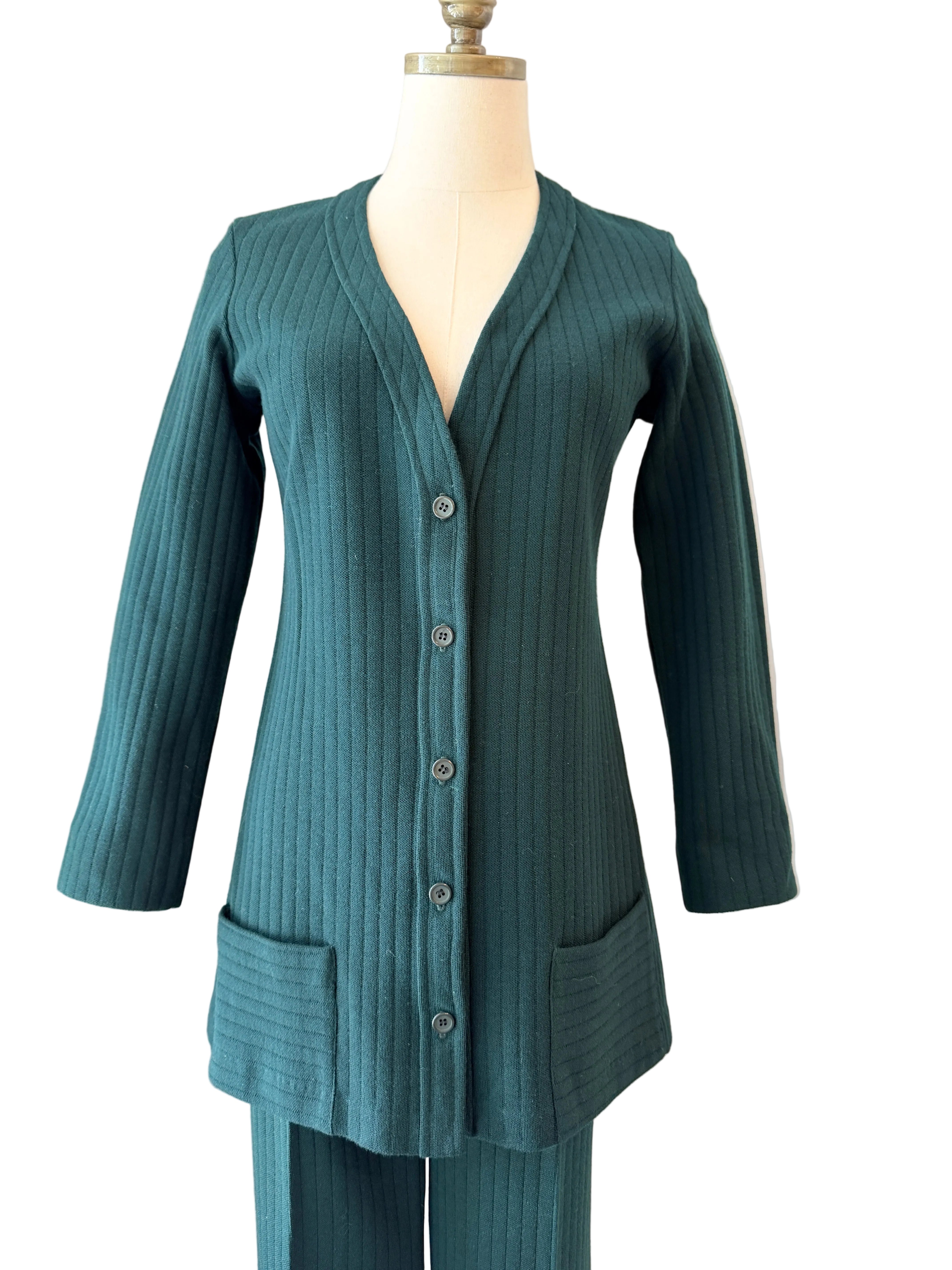 1960s Made in France for Saks Fifth Avenue Green Ribbed Wool Pant Suit