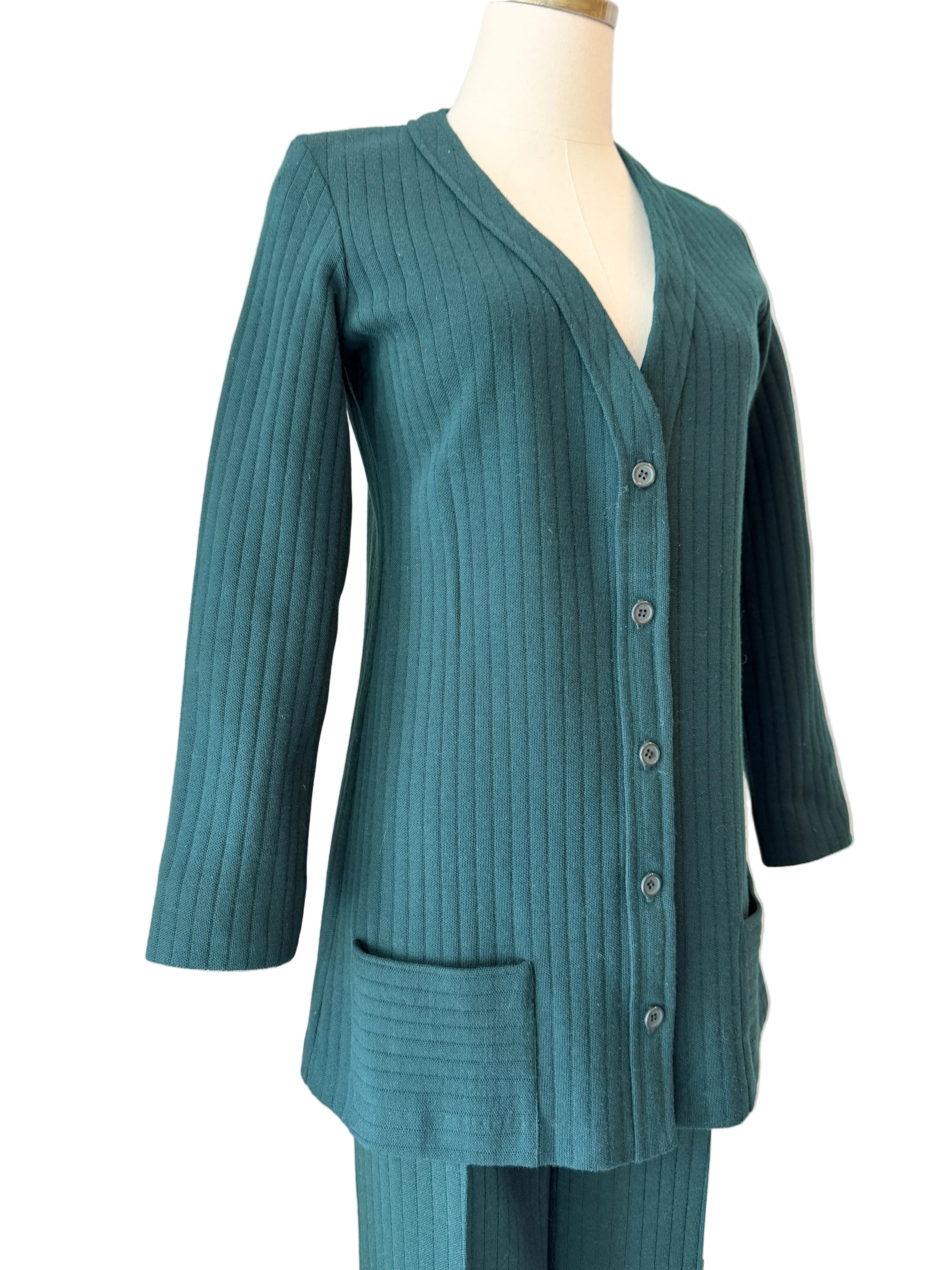 1960s Made in France for Saks Fifth Avenue Green Ribbed Wool Pant Suit