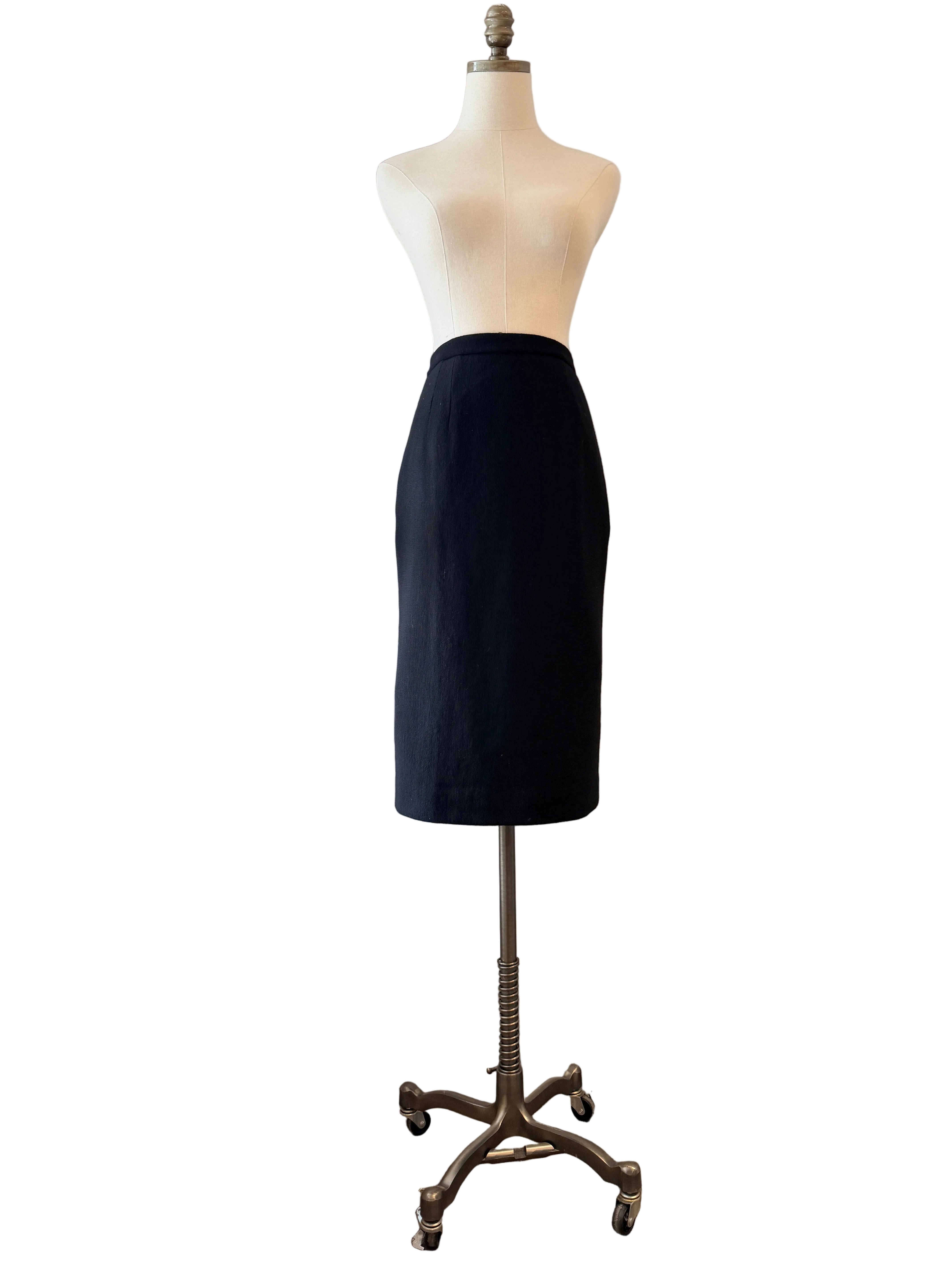 1960s Black Knit Pencil Skirt with Red Crisscross Ribbon Kick Pleat