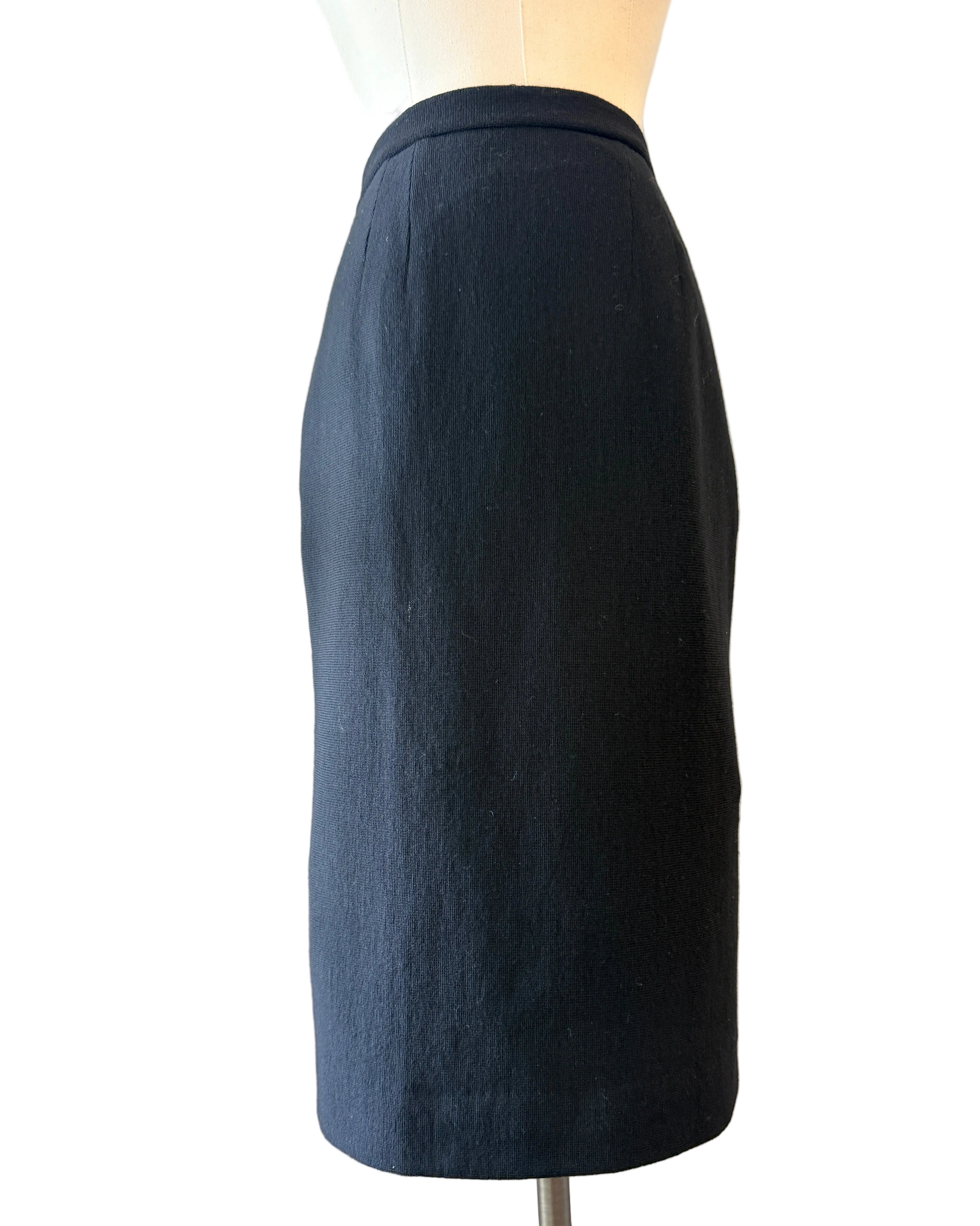 1960s Black Knit Pencil Skirt with Red Crisscross Ribbon Kick Pleat