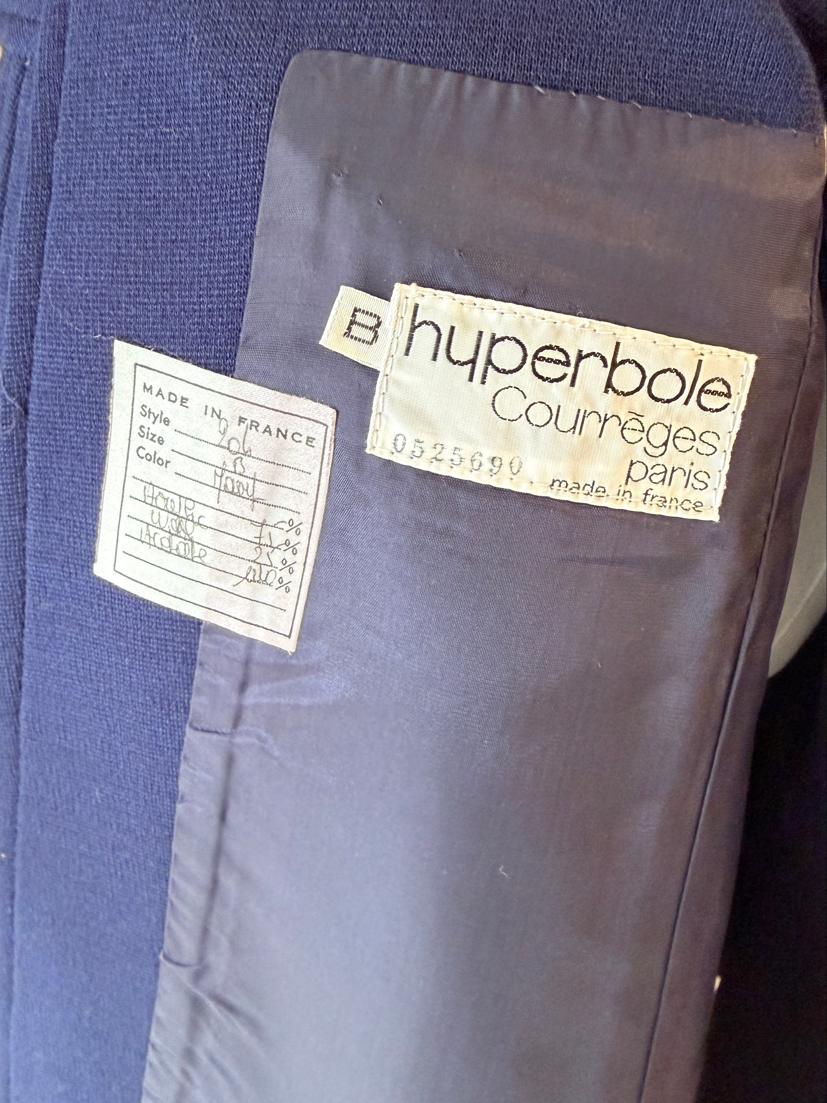 1960s Courrèges Navy Wool Wrap Skirt with White Buckle & Embroidered Logo Waistband
