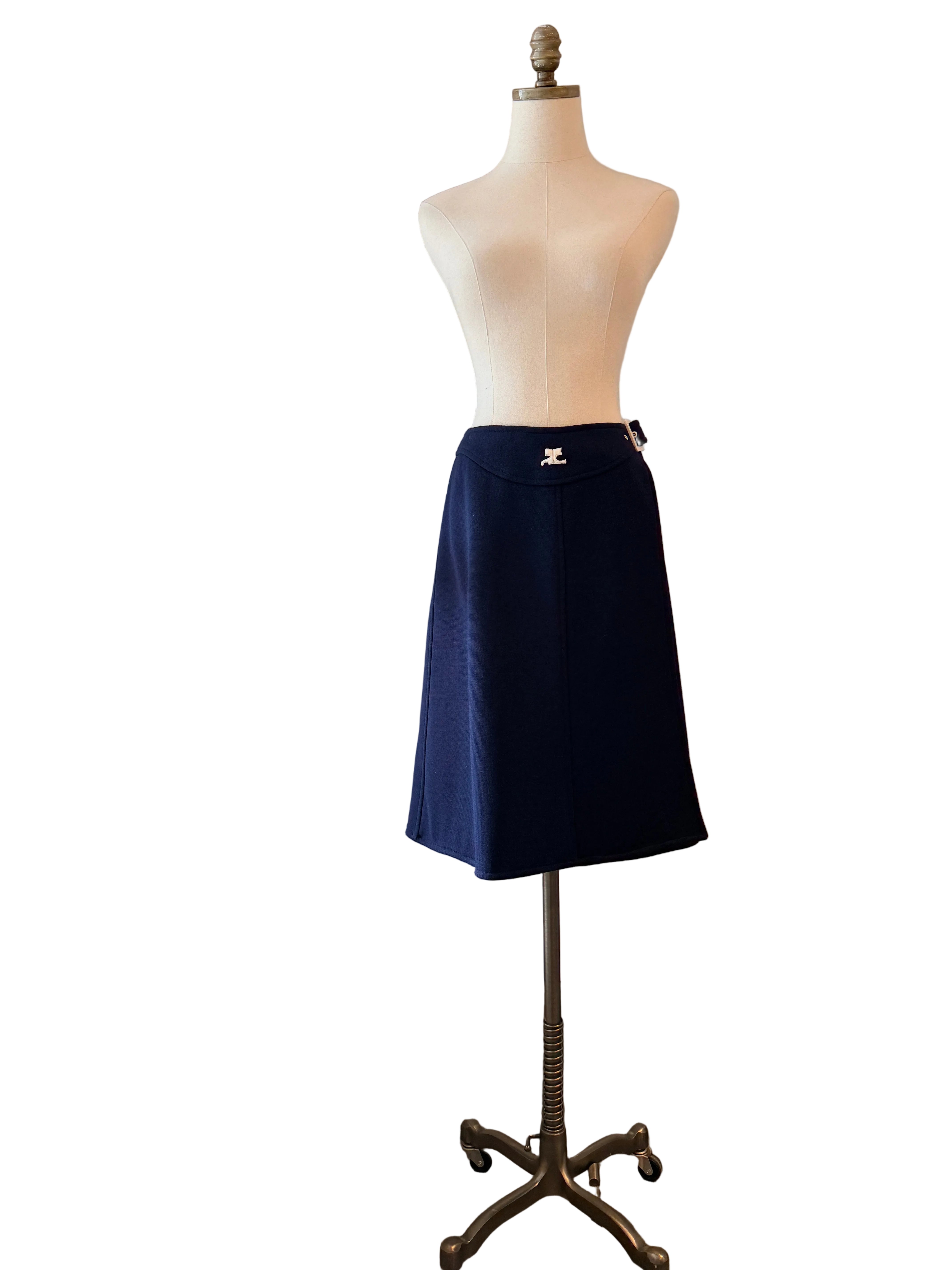 1960s Courrèges Navy Wool Wrap Skirt with White Buckle & Embroidered Logo Waistband