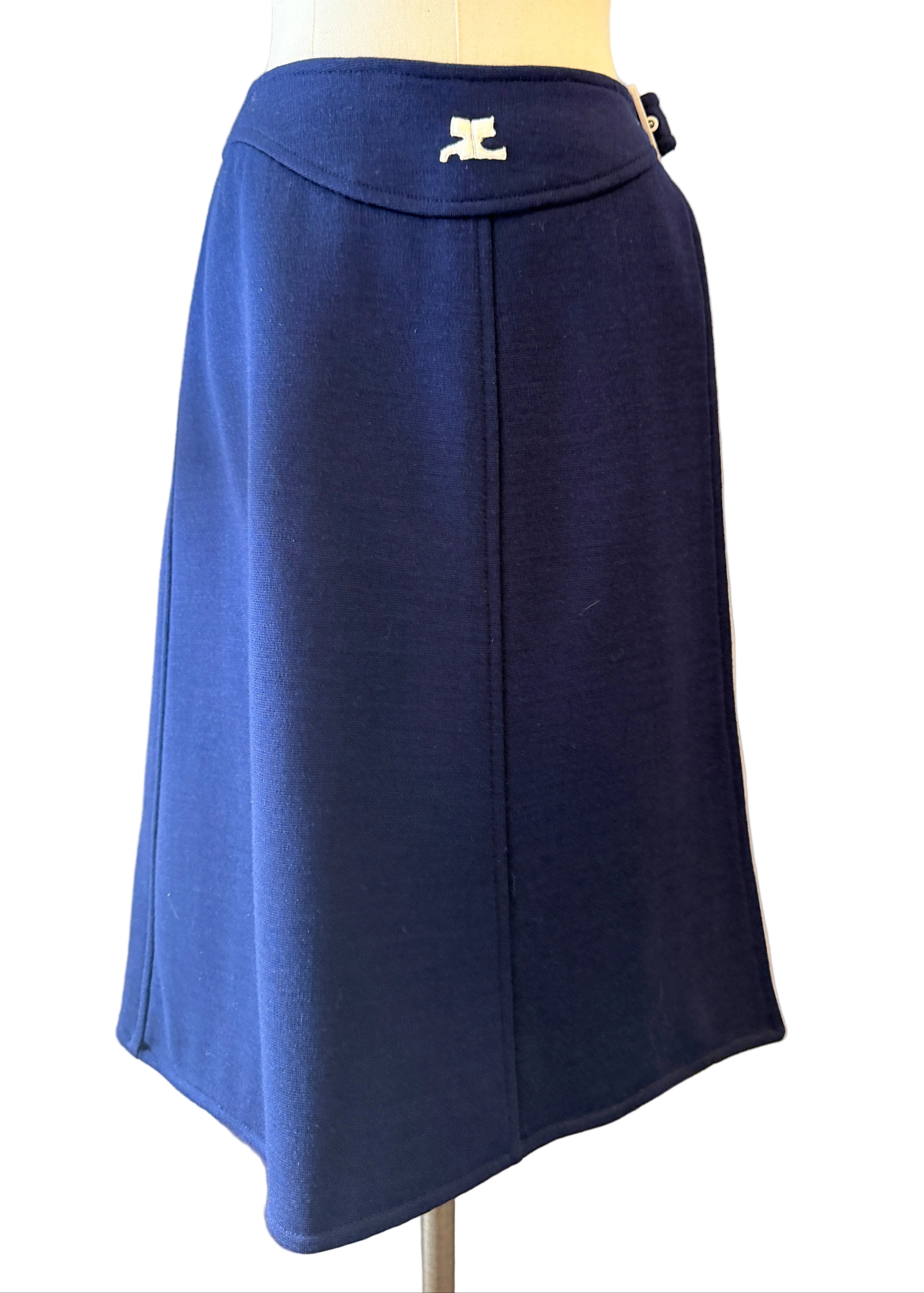 1960s Courrèges Navy Wool Wrap Skirt with White Buckle & Embroidered Logo Waistband