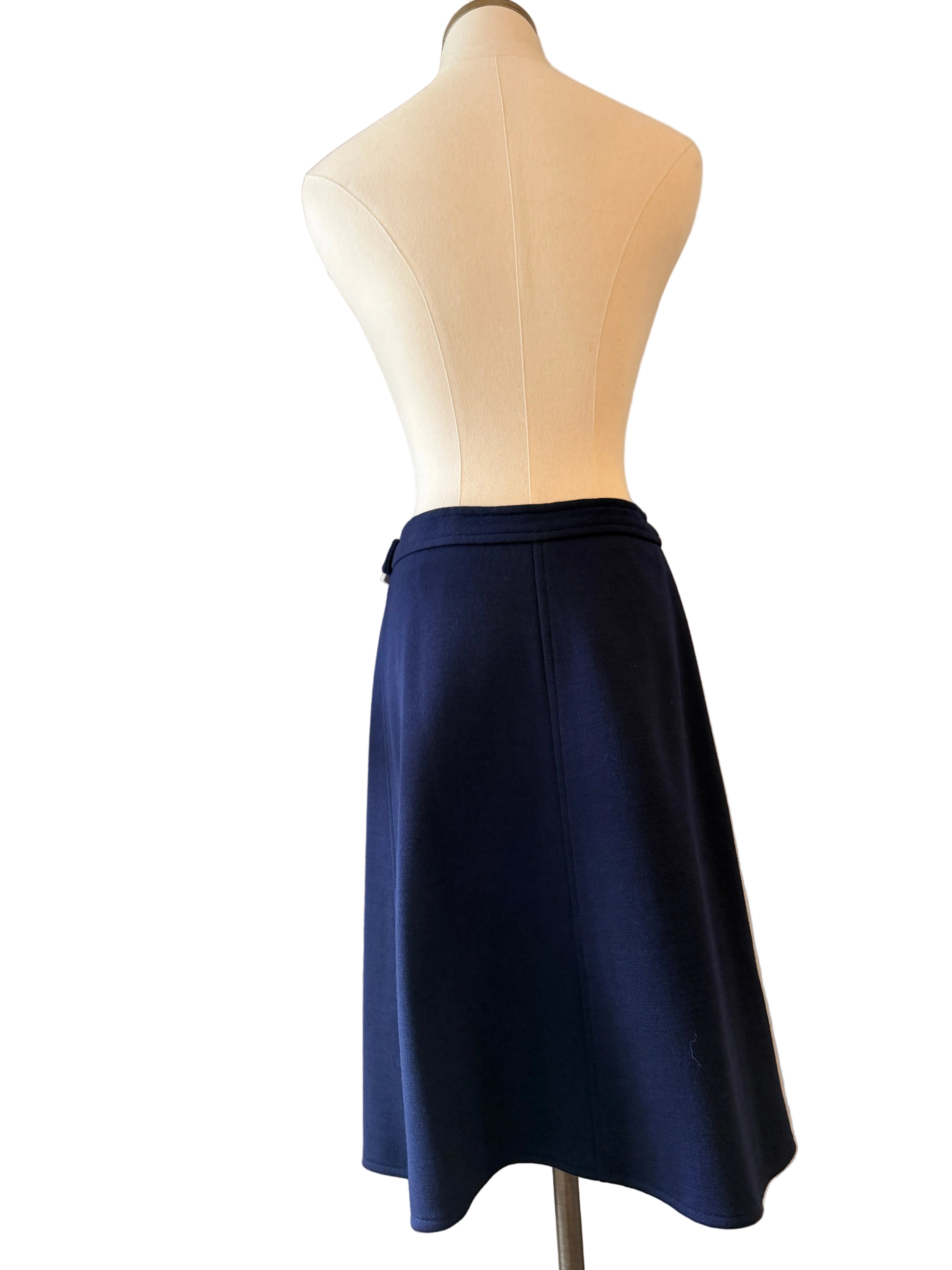 1960s Courrèges Navy Wool Wrap Skirt with White Buckle & Embroidered Logo Waistband
